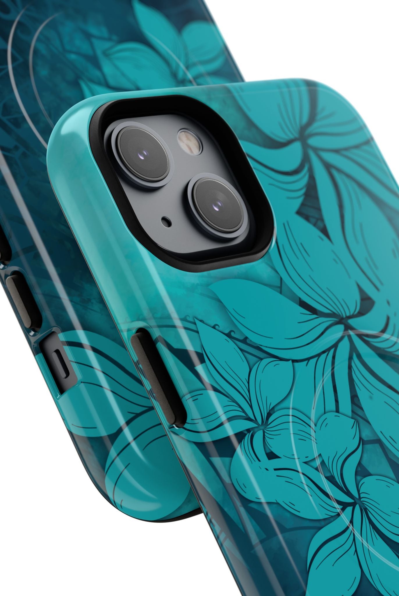 Moana Bloom MagSafe iPhone Case Detail View - Hawaiian Teal Plumeria Ocean Tribal Design Close Up - The Local Banyan