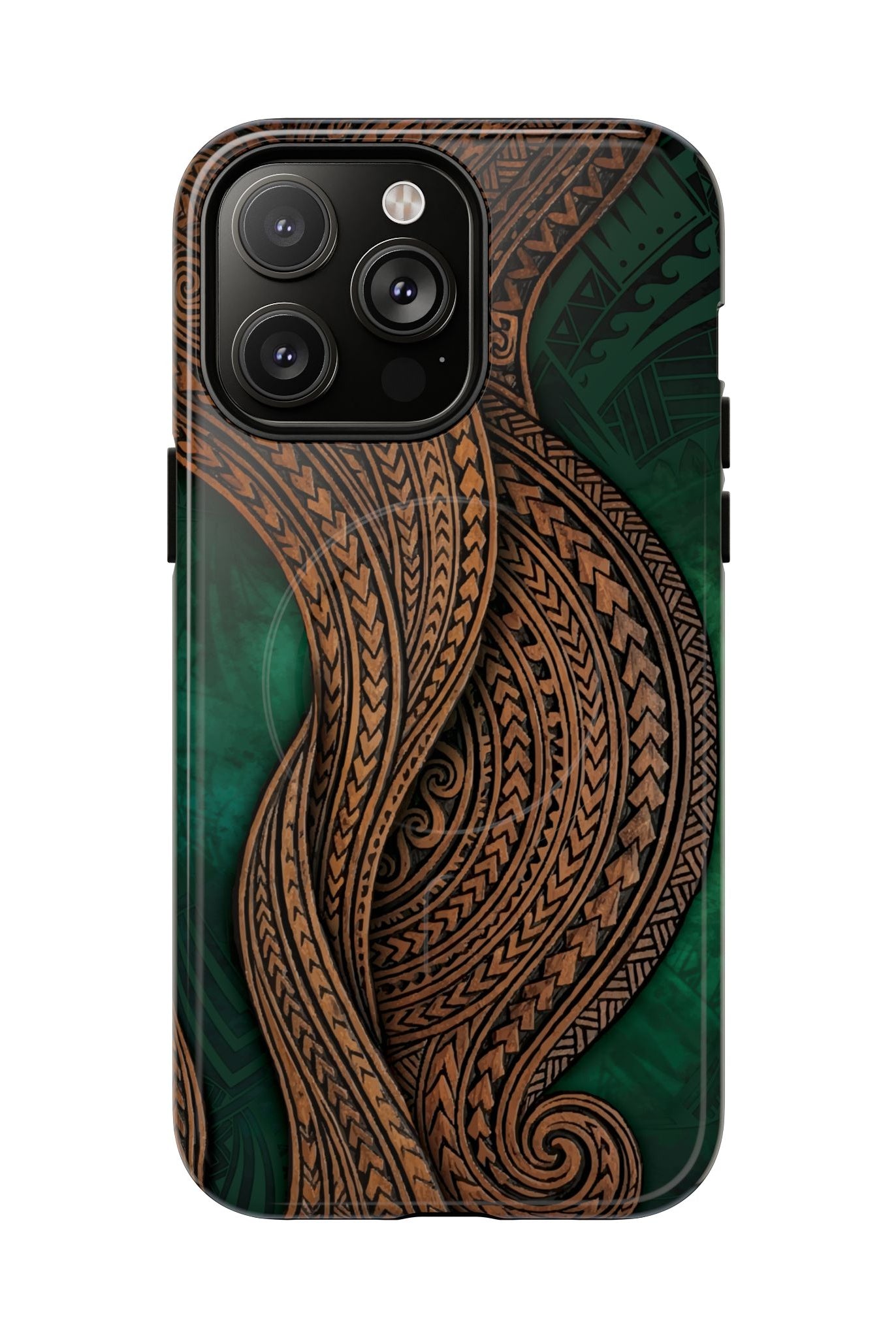 Island Kalai MagSafe iPhone Case iPhone 14 Pro Max Glossy - Hawaiian Carved Wood Grain Emerald Green Tribal Design - The Local Banyan