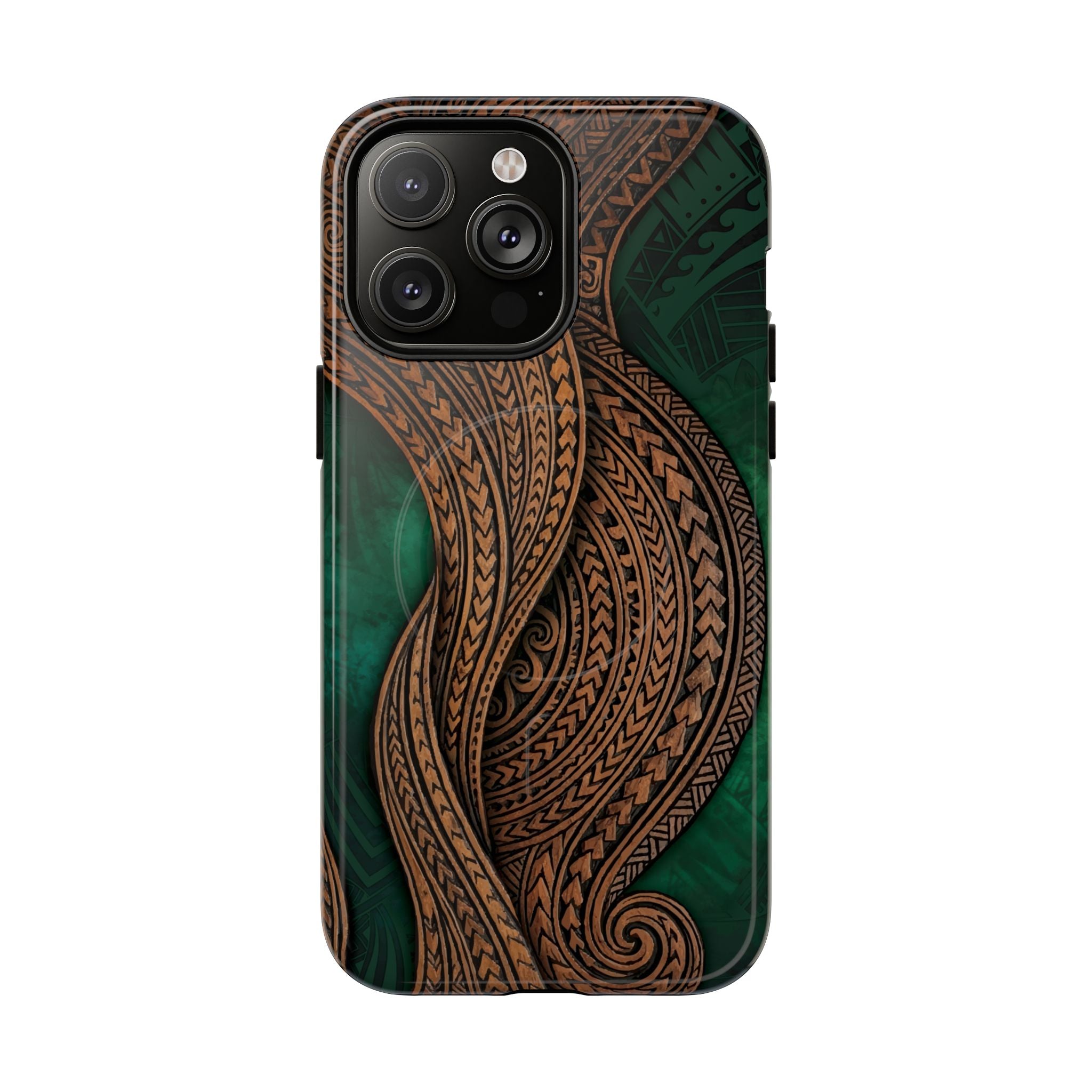 Island Kalai MagSafe iPhone Case iPhone 14 Pro Max Glossy - Hawaiian Carved Wood Grain Emerald Green Tribal Design - The Local Banyan