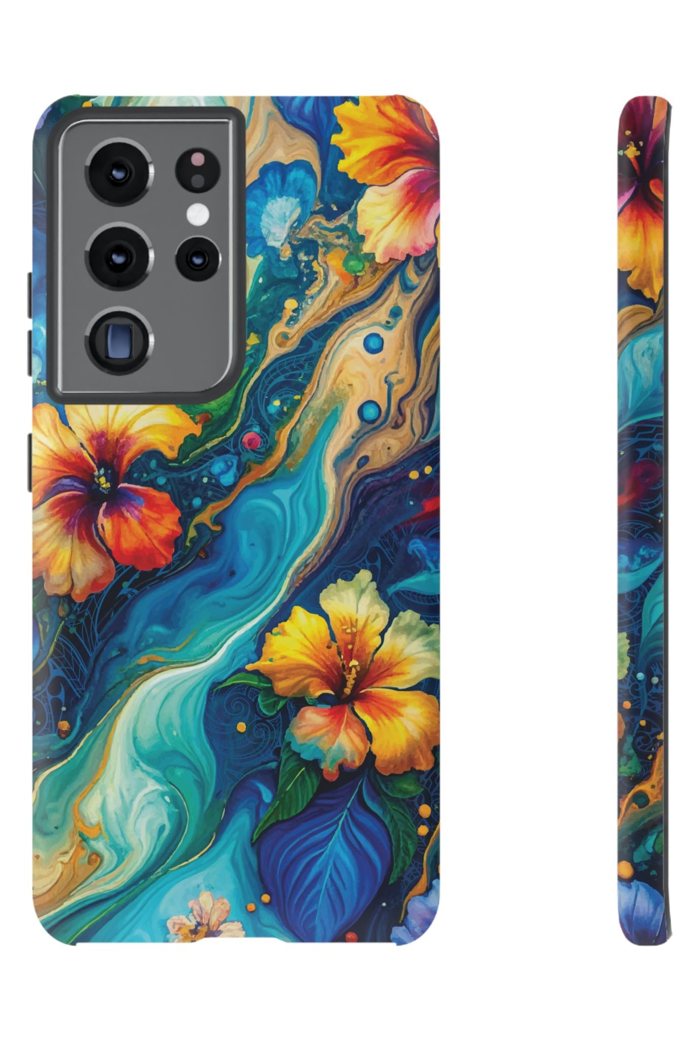 Aloalo Drift Tough Samsung Galaxy Case Samsung Galaxy S21 Ultra Matte - Hawaiian Hibiscus Teal Ocean Wave Design - The Local Banyan