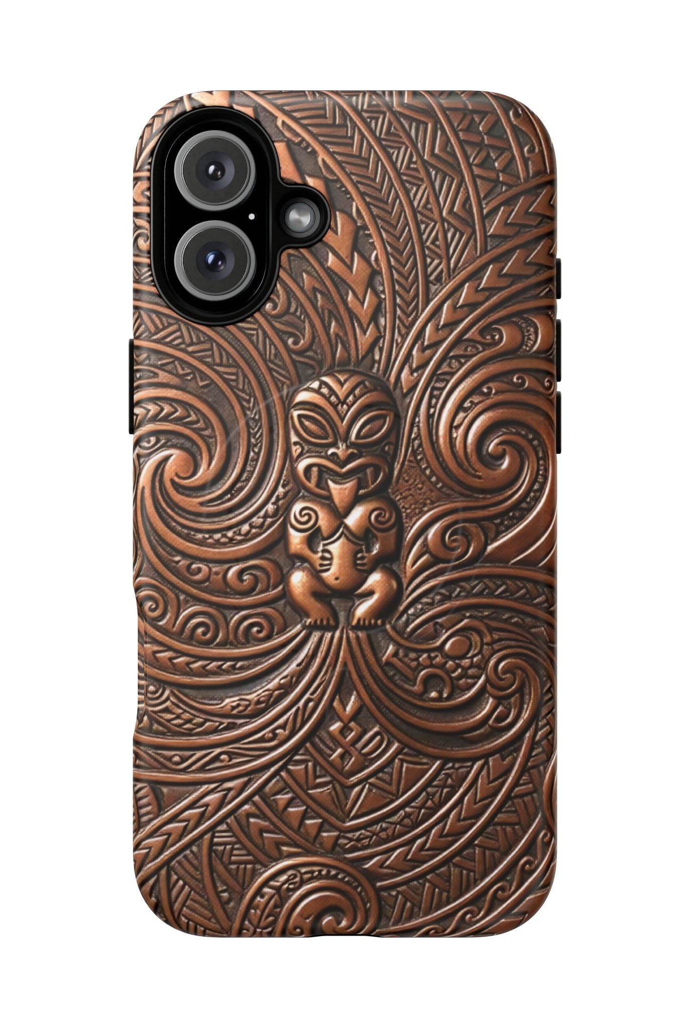 Woman holding Paa Guardian MagSafe iPhone Case - Hawaiian Copper Carved Tiki Polynesian Design - The Local Banyan