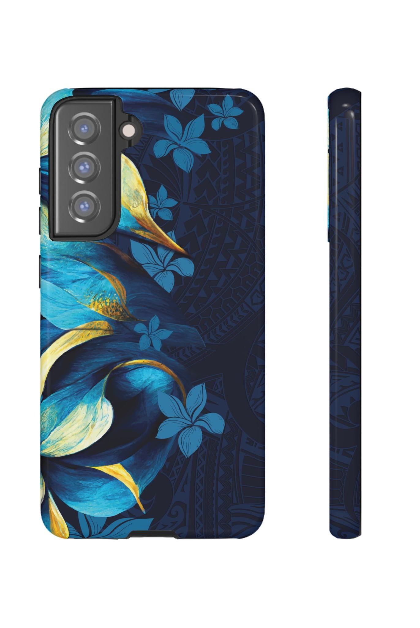 Po Mahina Tough Samsung Galaxy Case Samsung Galaxy S21 FE Glossy - Hawaiian Moonlit Teal Gold Floral Design - The Local Banyan