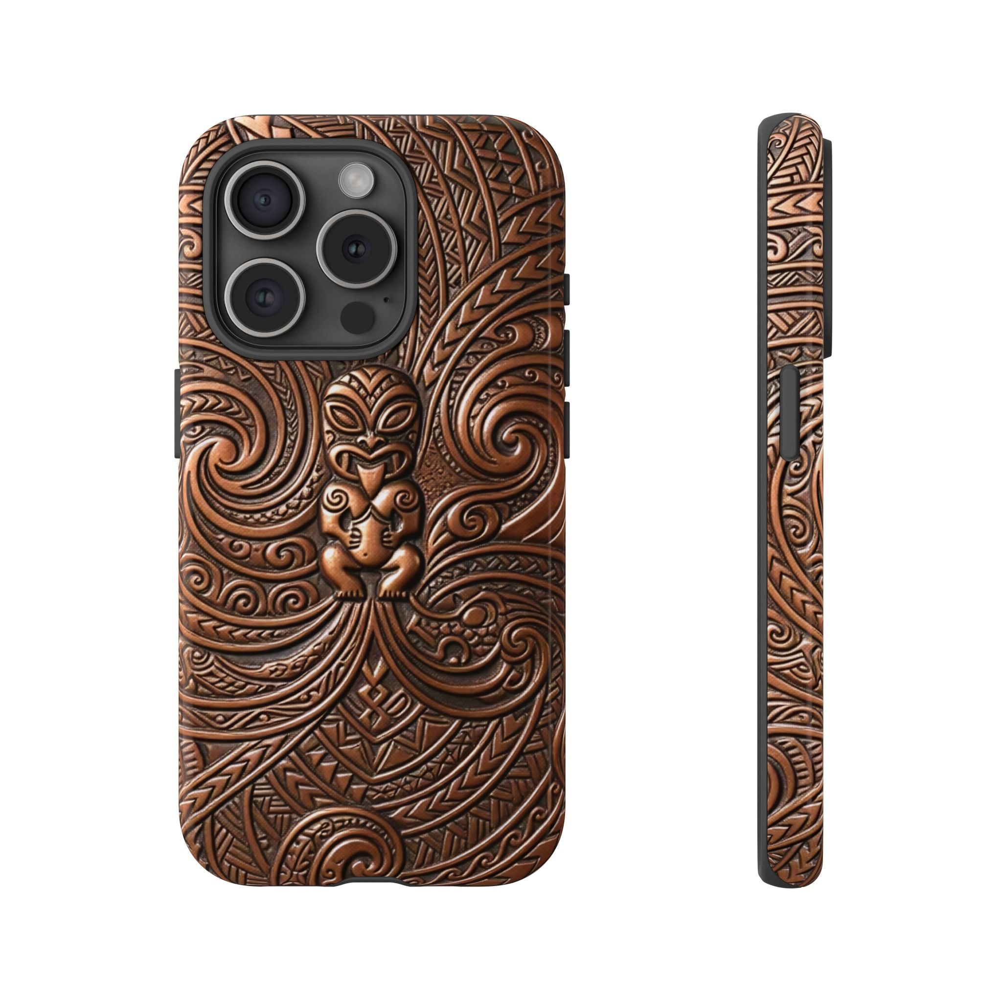 Paa Guardian Tough iPhone Case Detail View - Hawaiian Copper Carved Tiki Polynesian Design Close Up - The Local Banyan