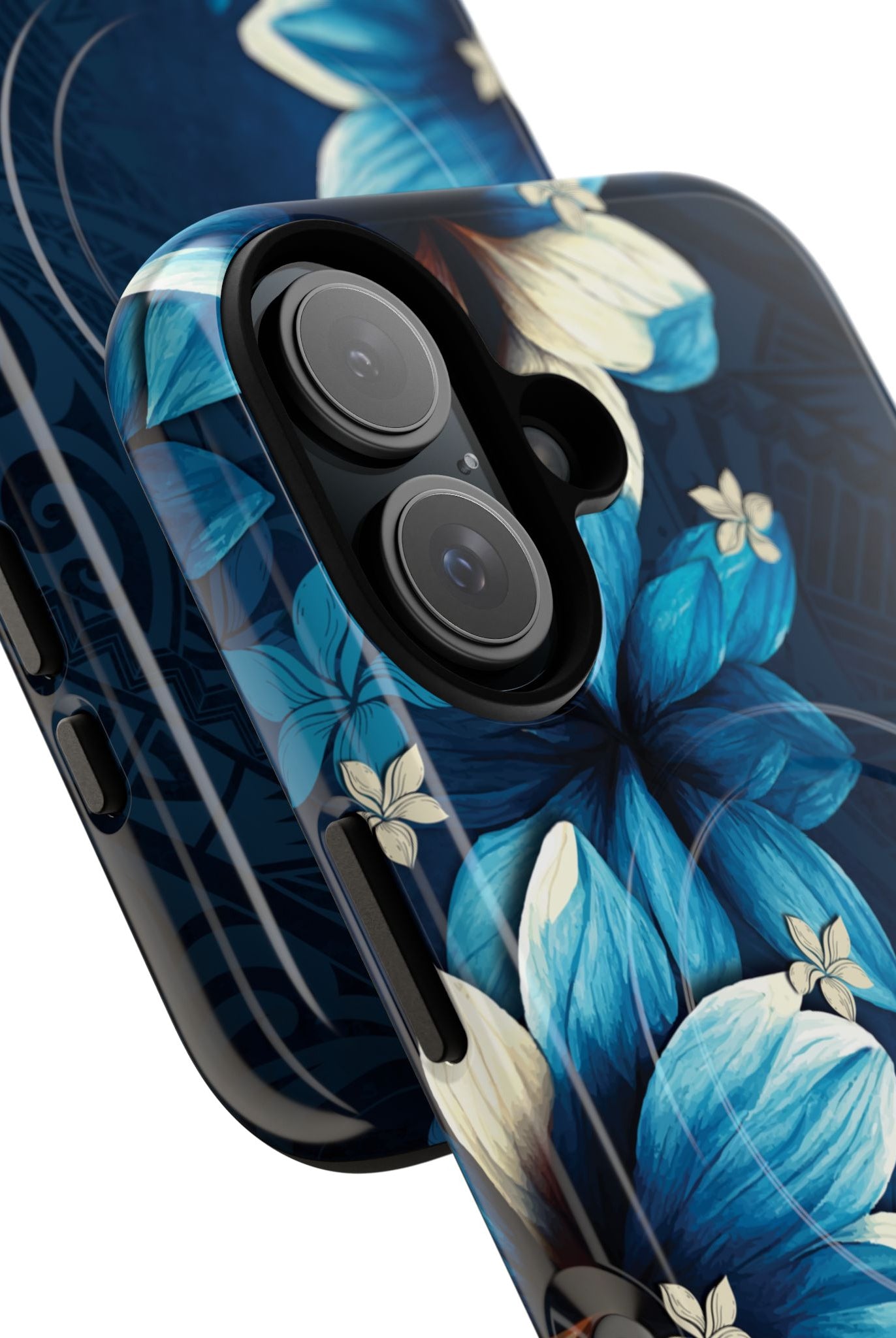 Leilani Nights MagSafe iPhone Case Detail View - Hawaiian Dark Blue Floral Polynesian Design Close Up - The Local Banyan