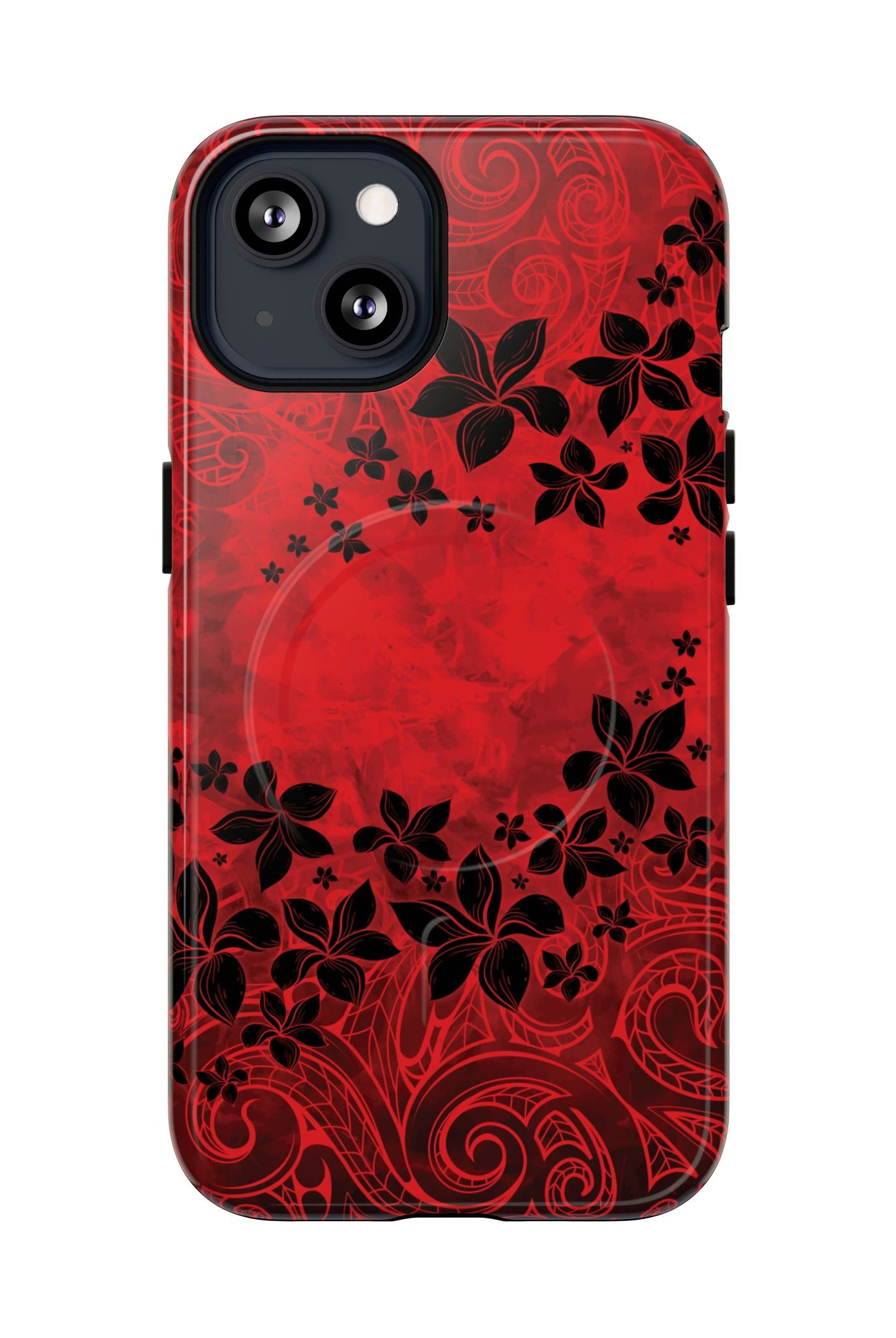 Keahi Pua MagSafe iPhone Case Detail View - Hawaiian Fire Flower Red Tribal Floral Design Close Up - The Local Banyan
