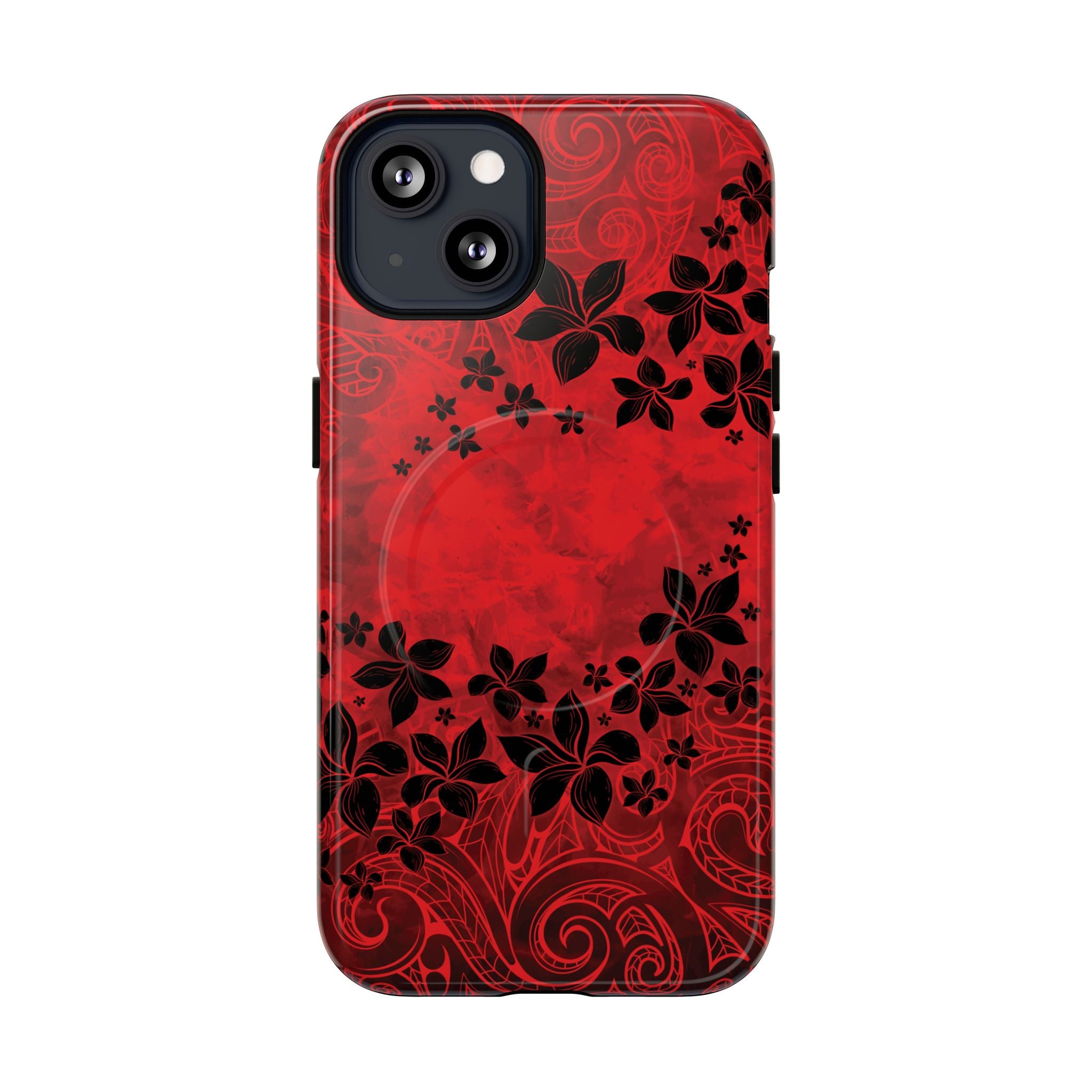 Keahi Pua MagSafe iPhone Case Detail View - Hawaiian Fire Flower Red Tribal Floral Design Close Up - The Local Banyan
