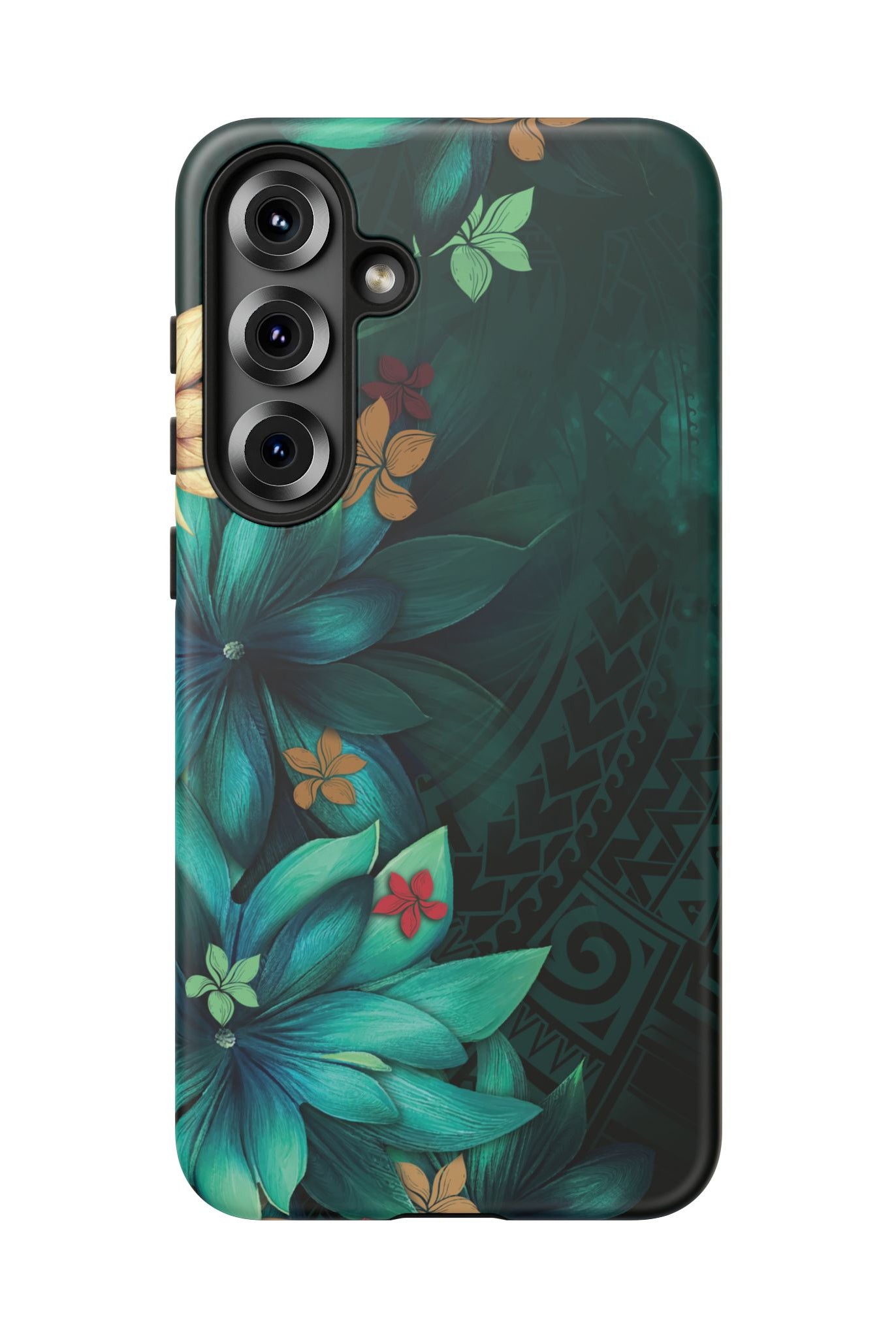 Woman holding Aloha Whispers Tough Samsung Galaxy Case - Hawaiian Abstract Green Floral Polynesian Design - The Local Banyan