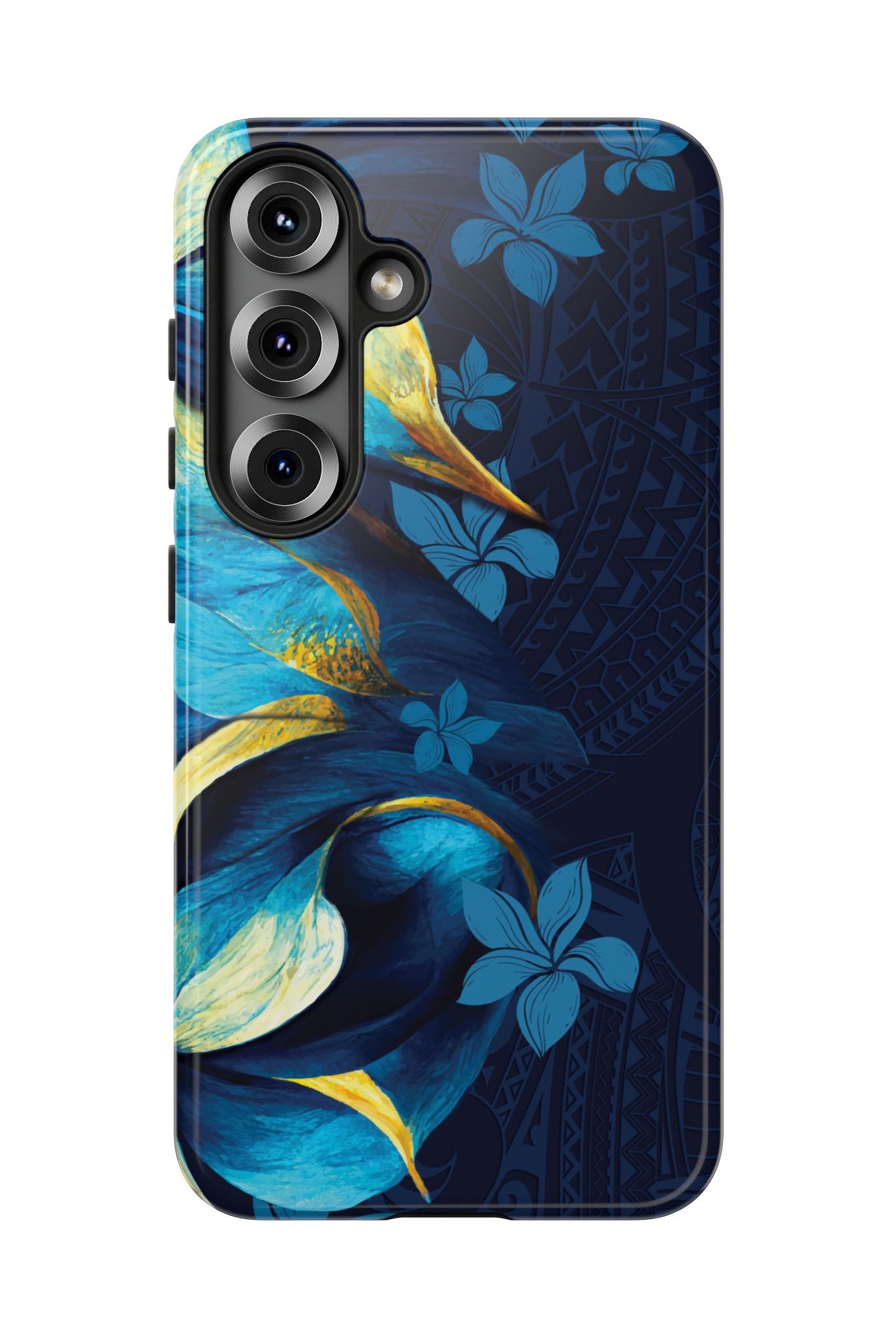 Woman holding Po Mahina Tough Samsung Galaxy Case - Hawaiian Moonlit Teal Gold Floral Design - The Local Banyan