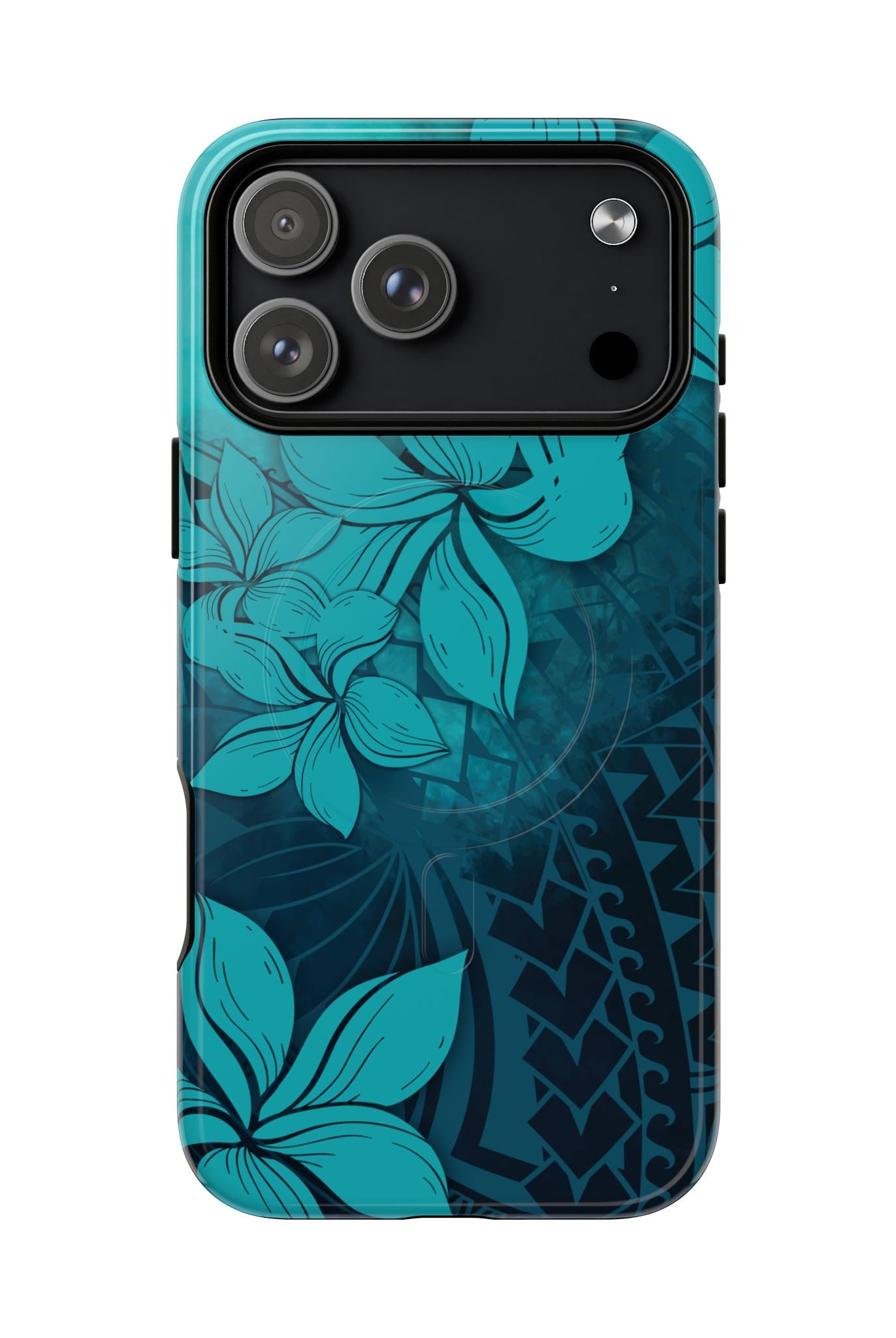Woman holding Moana Bloom MagSafe iPhone Case - Hawaiian Teal Plumeria Ocean Tribal Design - The Local Banyan
