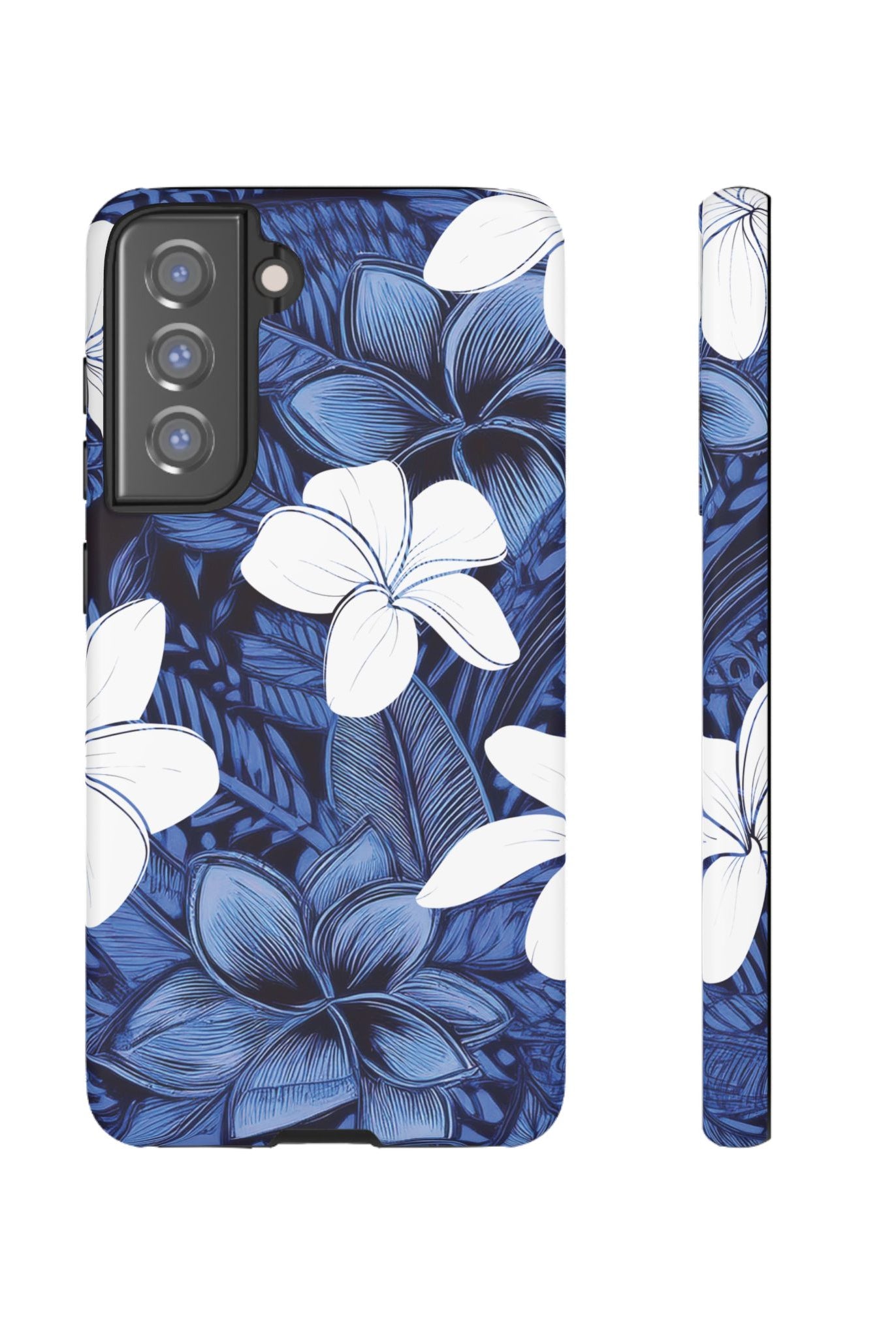 Eternal Blue Plumeria Tough Samsung Galaxy Case Samsung Galaxy S21 FE Matte - Hawaiian Blue Plumeria Ocean Floral Design - The Local Banyan