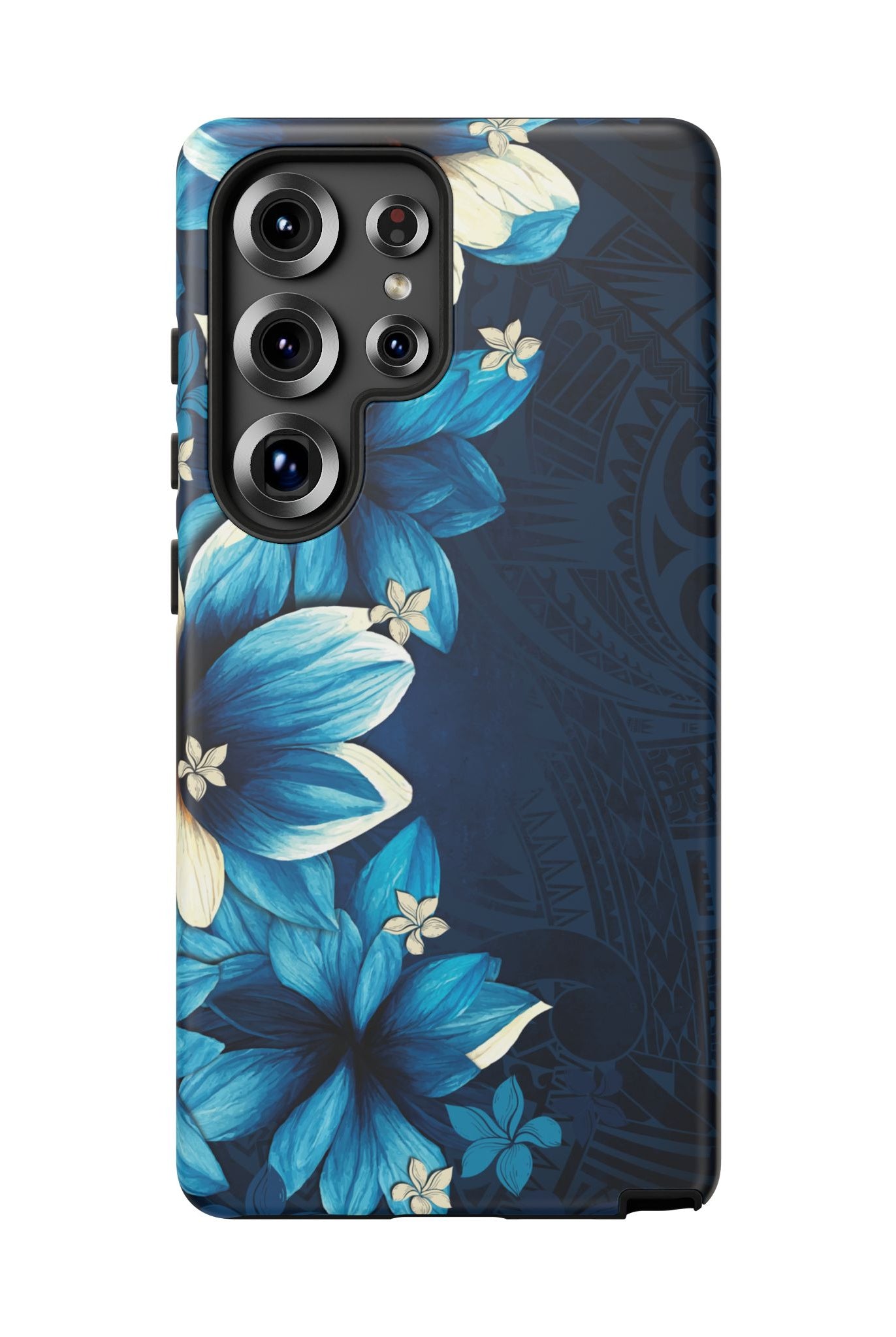Leilani Nights Tough Samsung Galaxy Case Detail View - Hawaiian Dark Blue Floral Polynesian Design Close Up - The Local Banyan