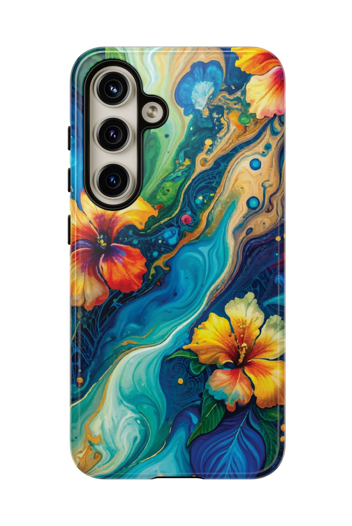 Woman holding Aloalo Drift Tough Samsung Galaxy Case - Hawaiian Hibiscus Teal Ocean Wave Design - The Local Banyan