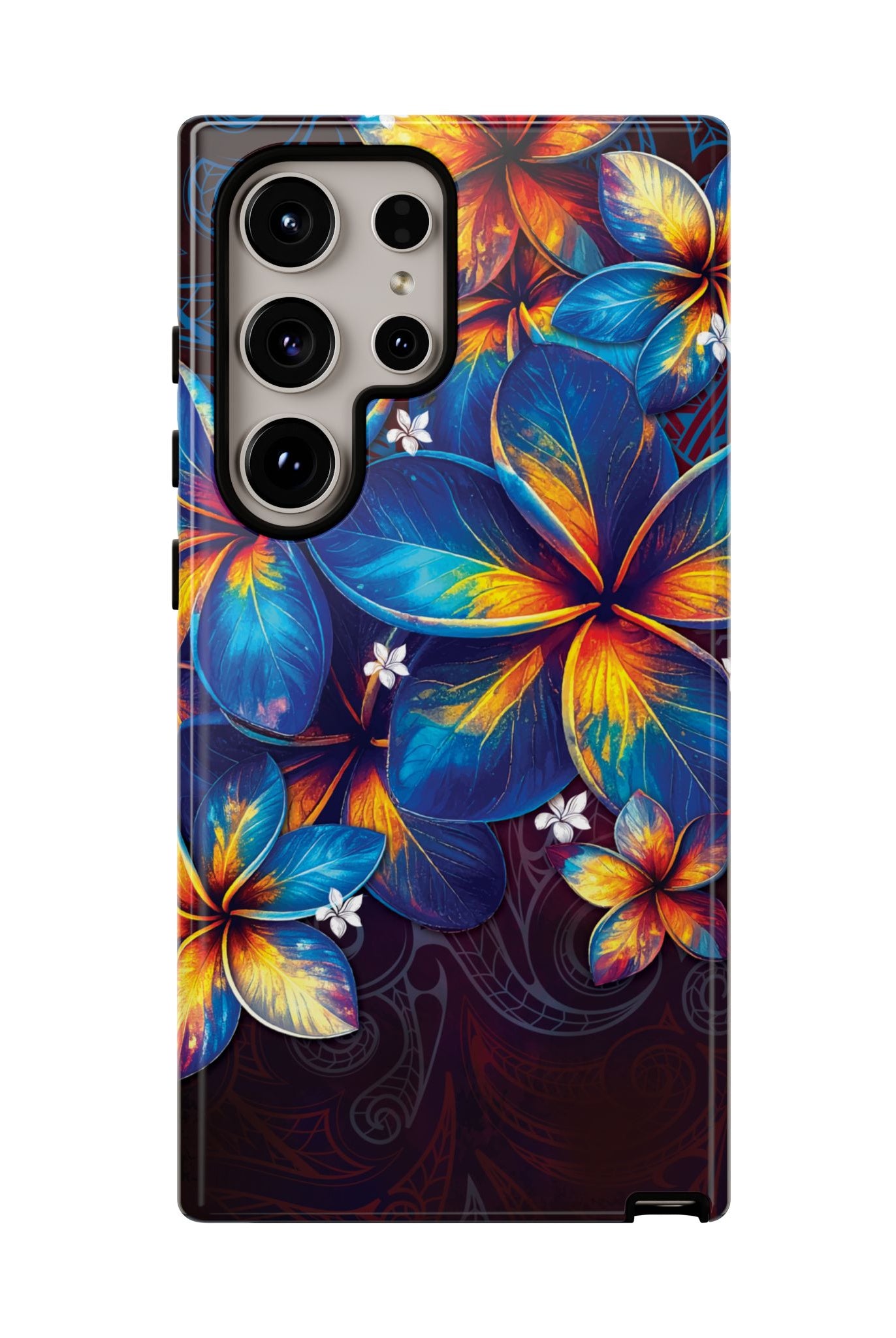 Nohea Twilight Tough Samsung Galaxy Case Detail View - Hawaiian Blue Orange Plumeria Twilight Design Close Up - The Local Banyan