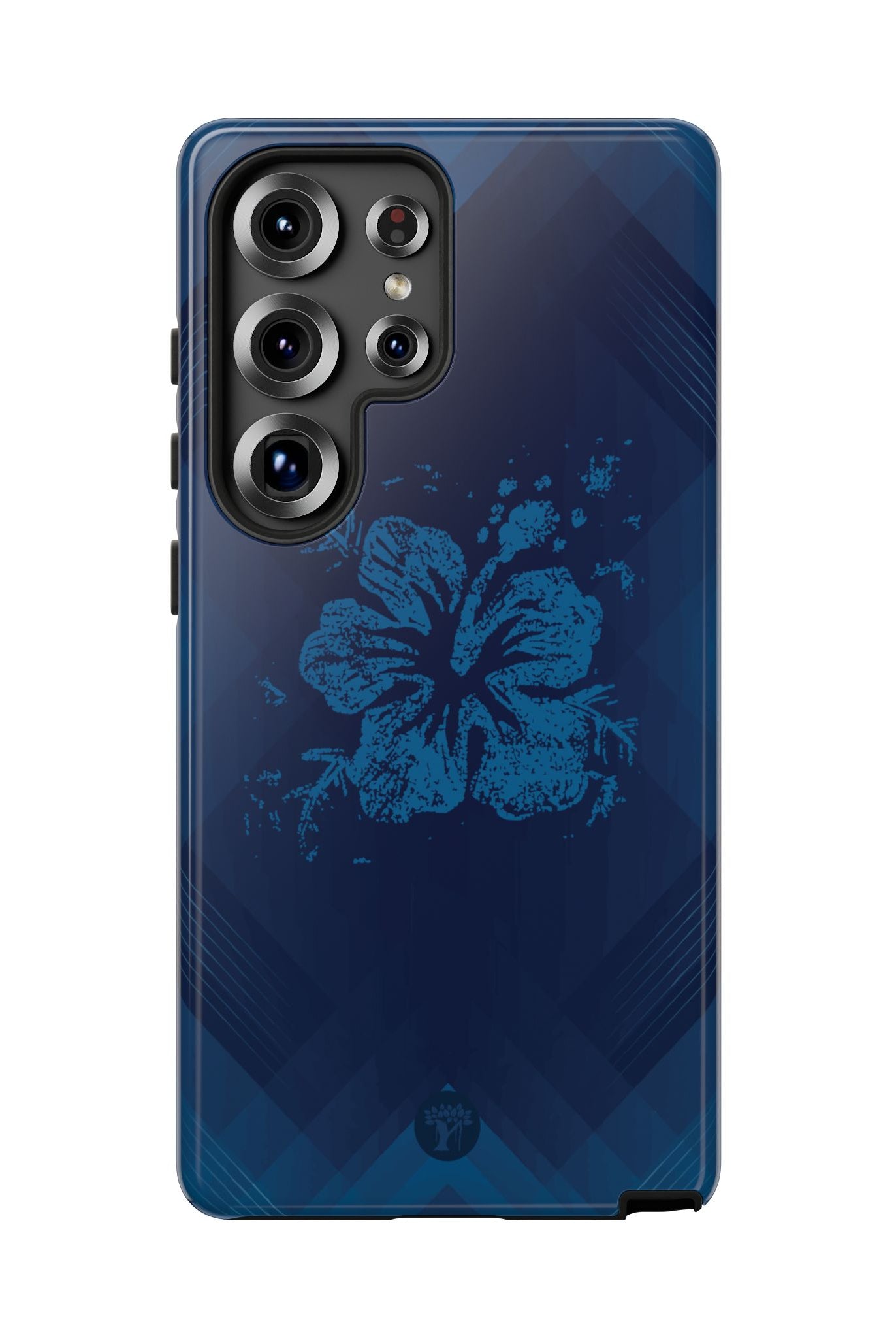 Woman holding Kikokiko Lehua Tough Samsung Galaxy Case - Hawaiian Navy Blue Geometric Hibiscus Design - The Local Banyan