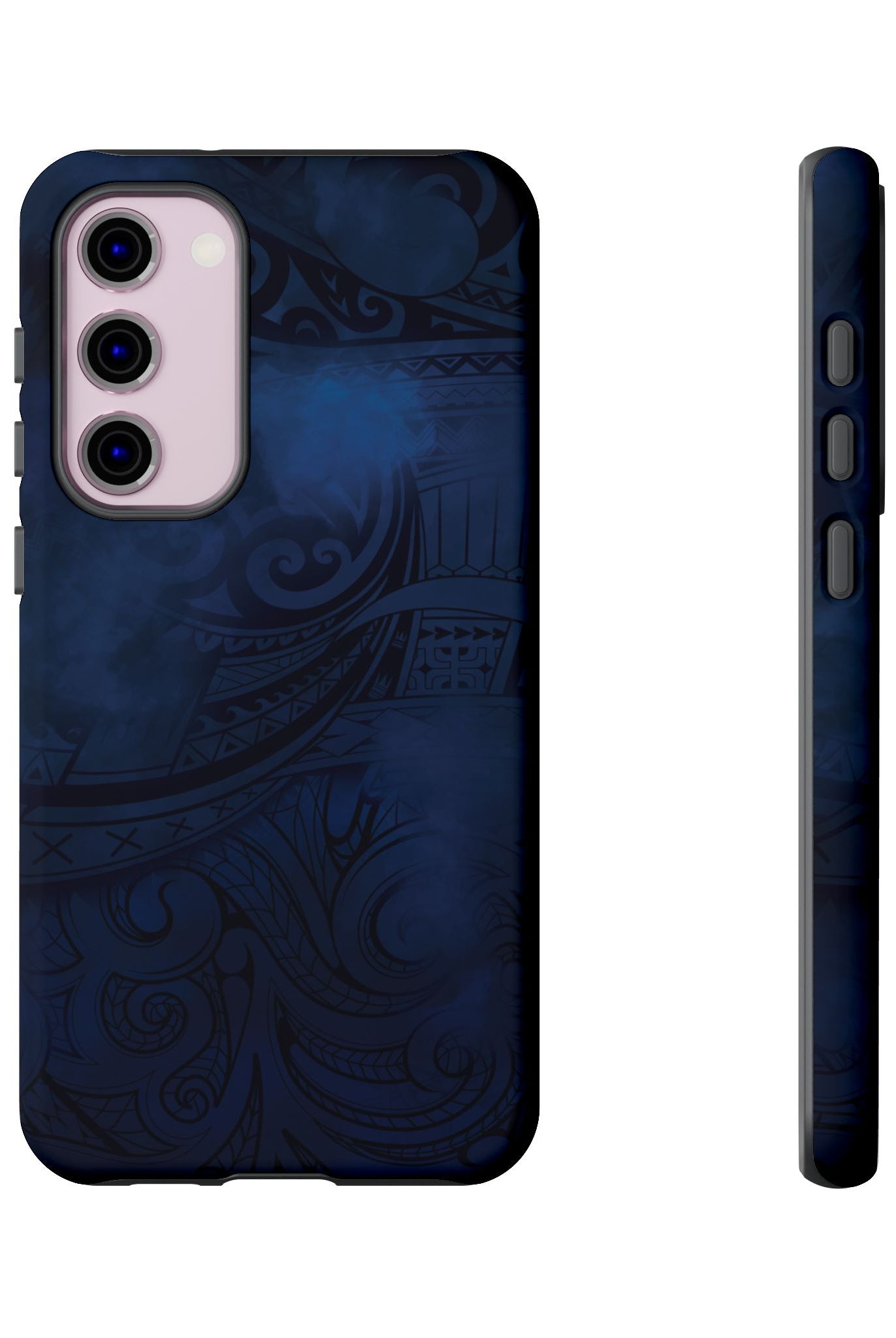 Woman holding Midnight Essence Tough Samsung Galaxy Case - Hawaiian Midnight Navy Polynesian Tribal Design - The Local Banyan