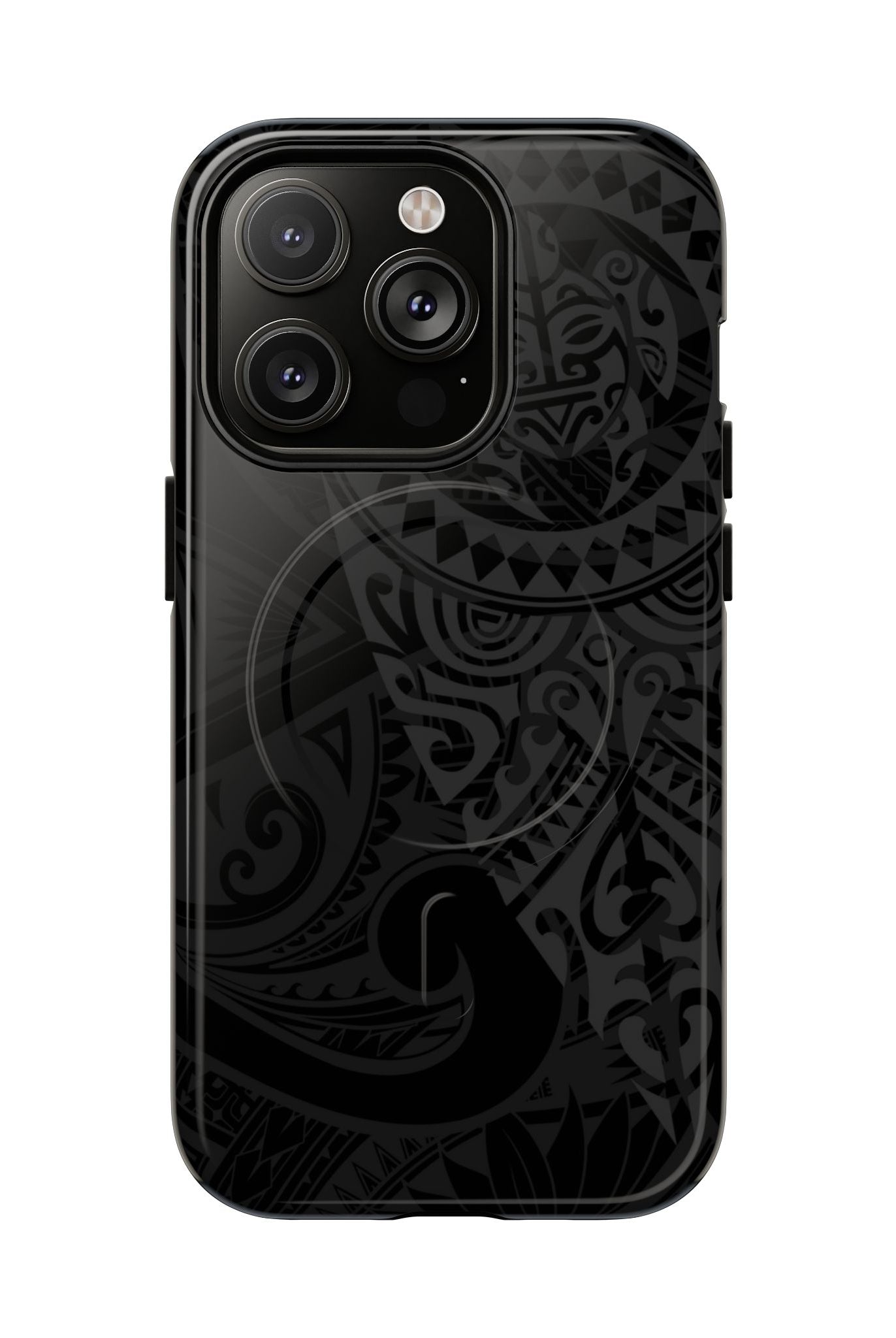 Tribal Guardian MagSafe iPhone Case iPhone 14 Pro Glossy - Hawaiian Black on Black Polynesian Tribal Design - The Local Banyan