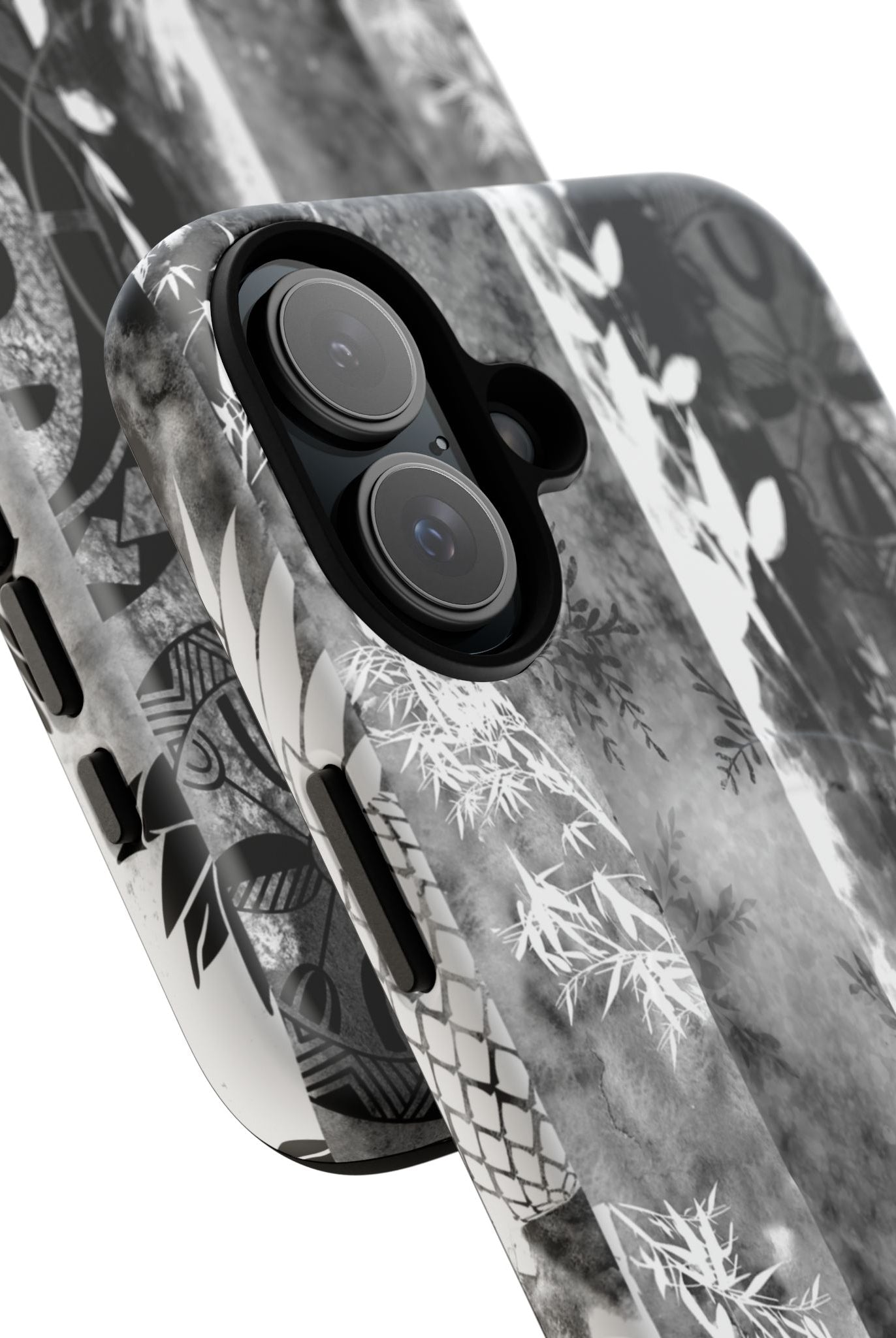 Woman holding Monochrome Oasis MagSafe iPhone Case - Hawaiian Black White Botanical Tribal Design - The Local Banyan