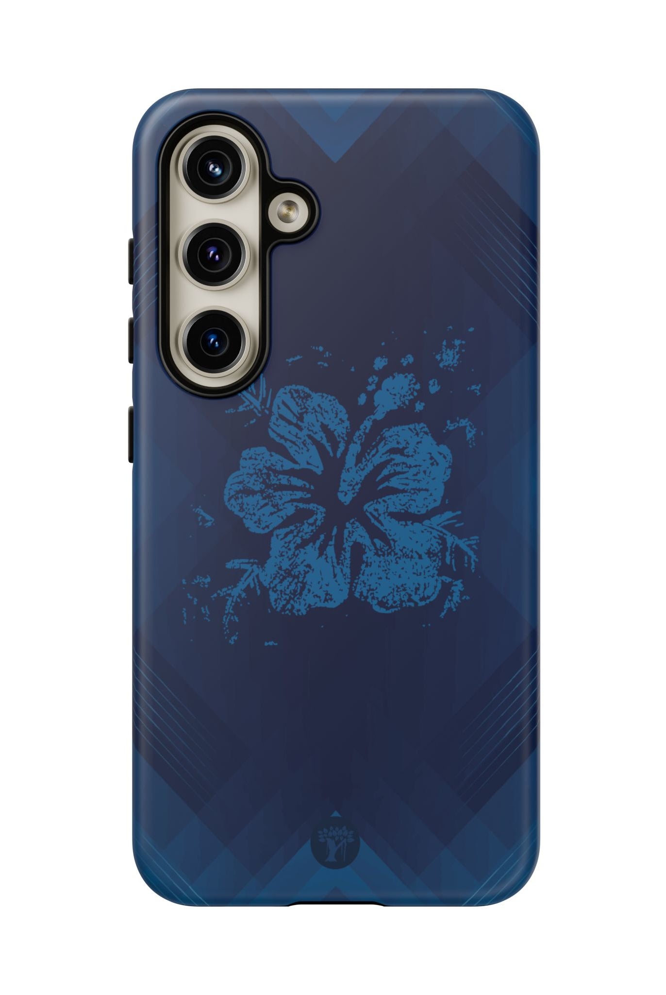 Woman holding Kikokiko Lehua Tough Samsung Galaxy Case - Hawaiian Navy Blue Geometric Hibiscus Design - The Local Banyan