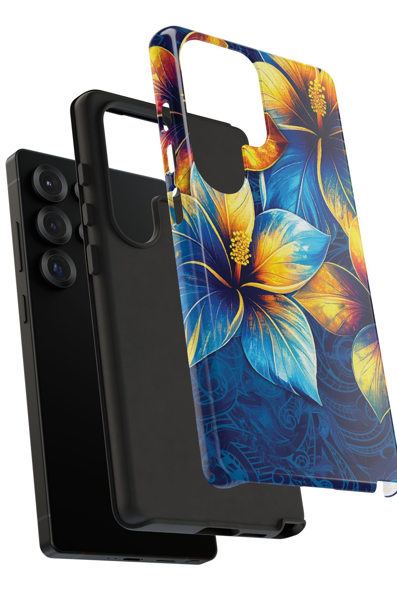 Woman holding Pua La Tough Samsung Galaxy Case - Hawaiian Golden Hibiscus Sun Flower Sapphire Design - The Local Banyan