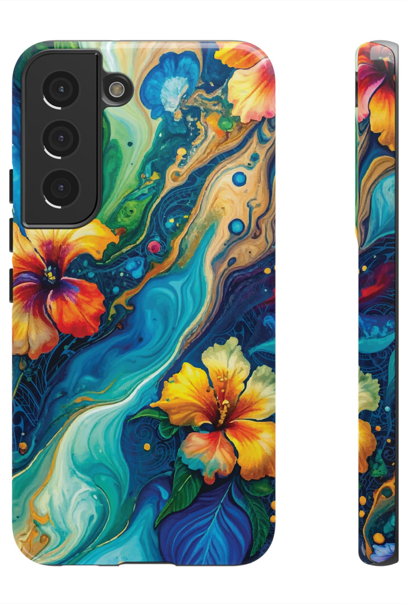 Aloalo Drift Tough Samsung Galaxy Case Samsung Galaxy S22 Glossy - Hawaiian Hibiscus Teal Ocean Wave Design - The Local Banyan