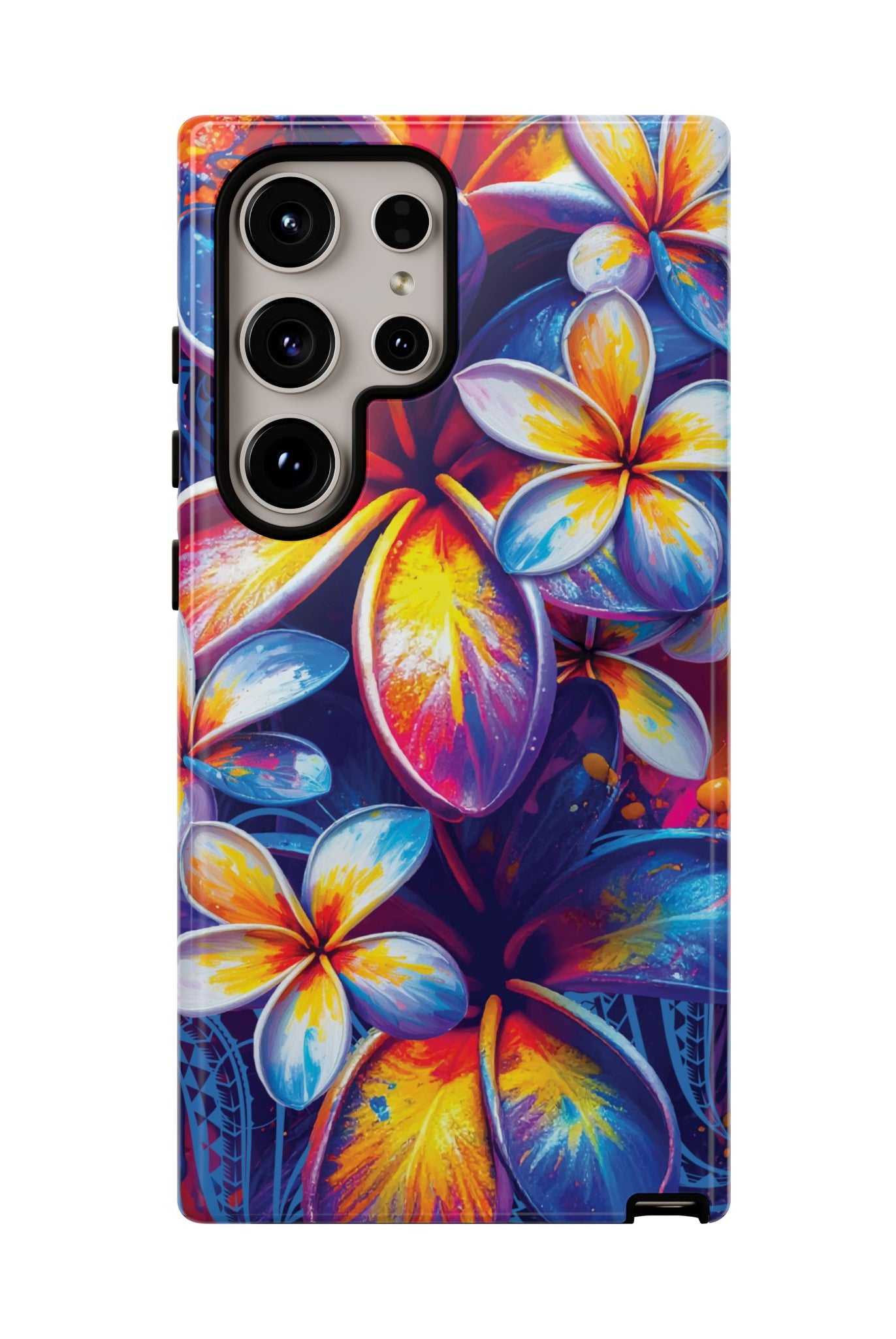Woman holding Sunset Ink Tough Samsung Galaxy Case - Hawaiian Plumeria Street Art Graffiti Tropical Design - The Local Banyan