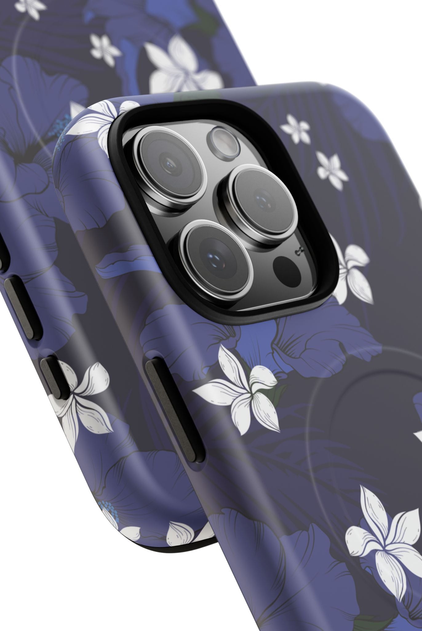 Woman holding Vintage Blue MagSafe iPhone Case - Hawaiian Indigo Hibiscus White Plumeria Design - The Local Banyan
