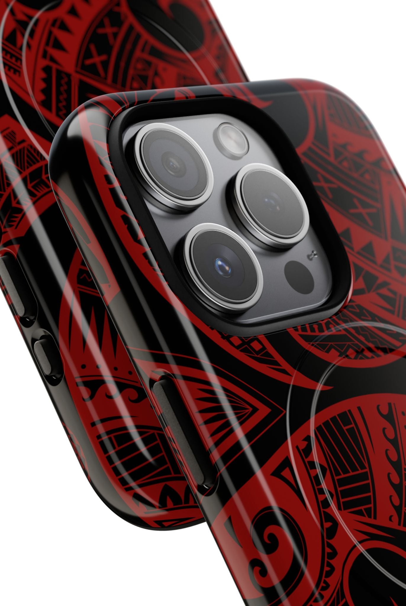 Woman holding Island Tribal MagSafe iPhone Case - Hawaiian Crimson Red Polynesian Tribal Design - The Local Banyan