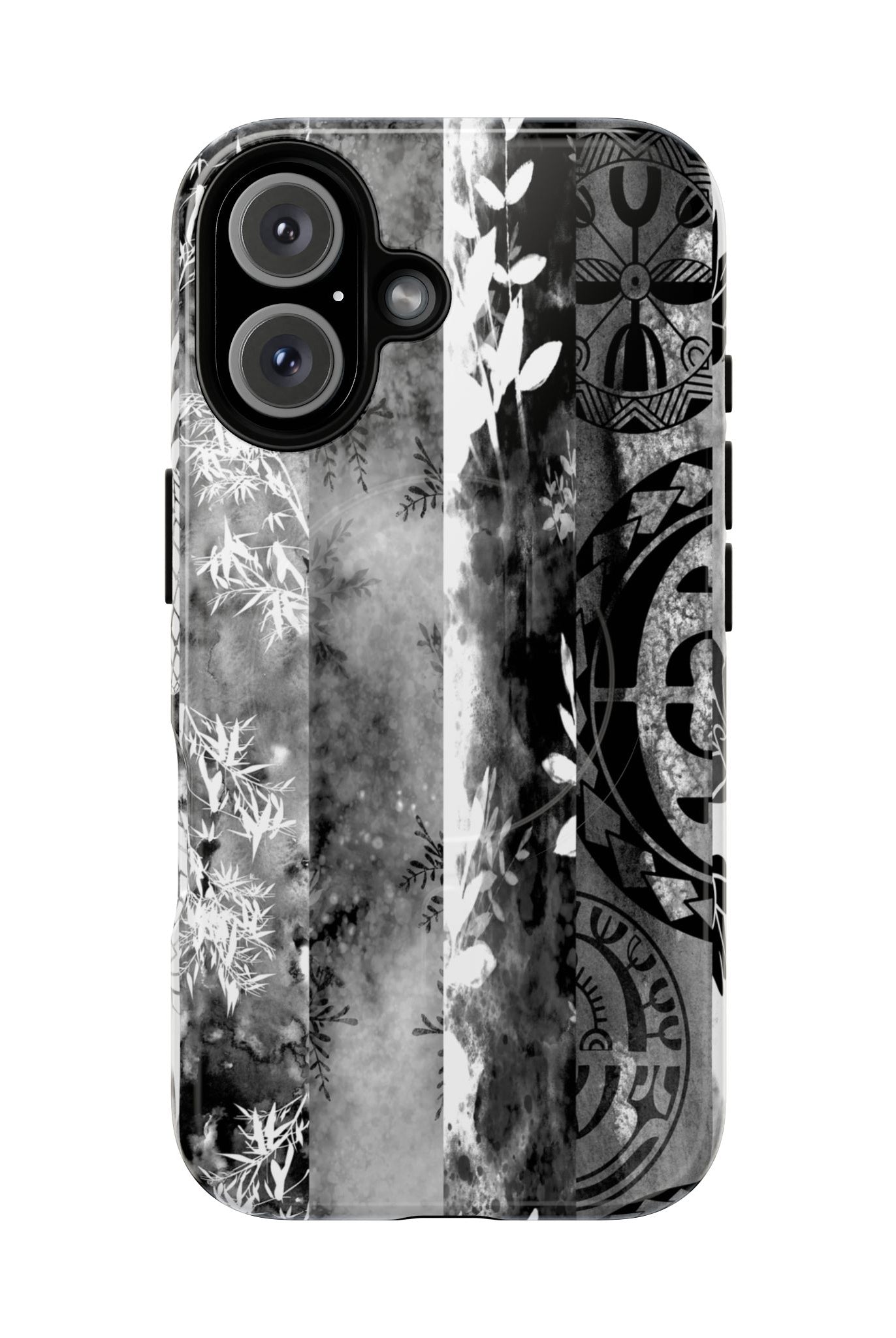 Monochrome Oasis MagSafe iPhone Case iPhone 16 Glossy - Hawaiian Black White Botanical Tribal Design - The Local Banyan