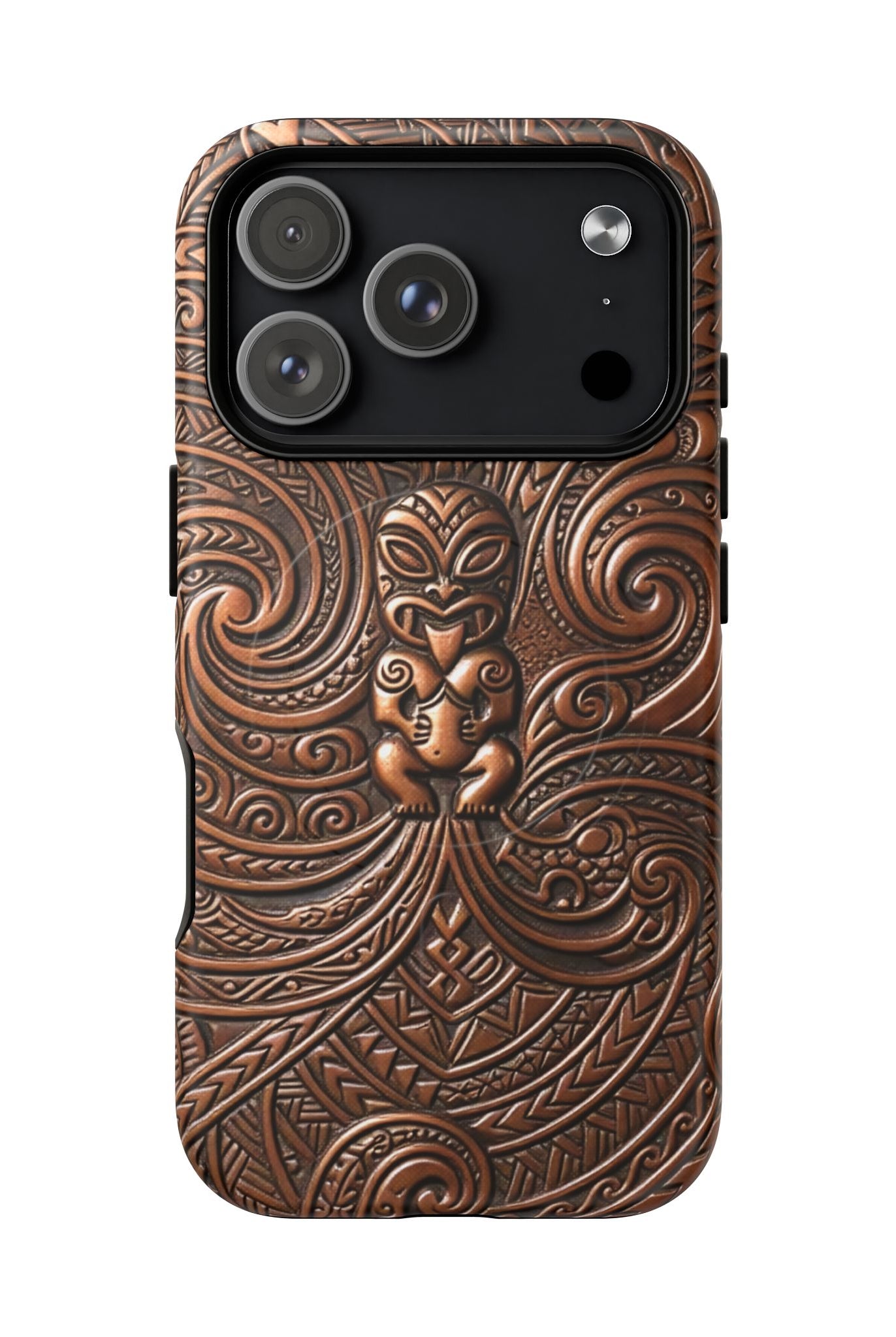 Woman holding Paa Guardian MagSafe iPhone Case - Hawaiian Copper Carved Tiki Polynesian Design - The Local Banyan