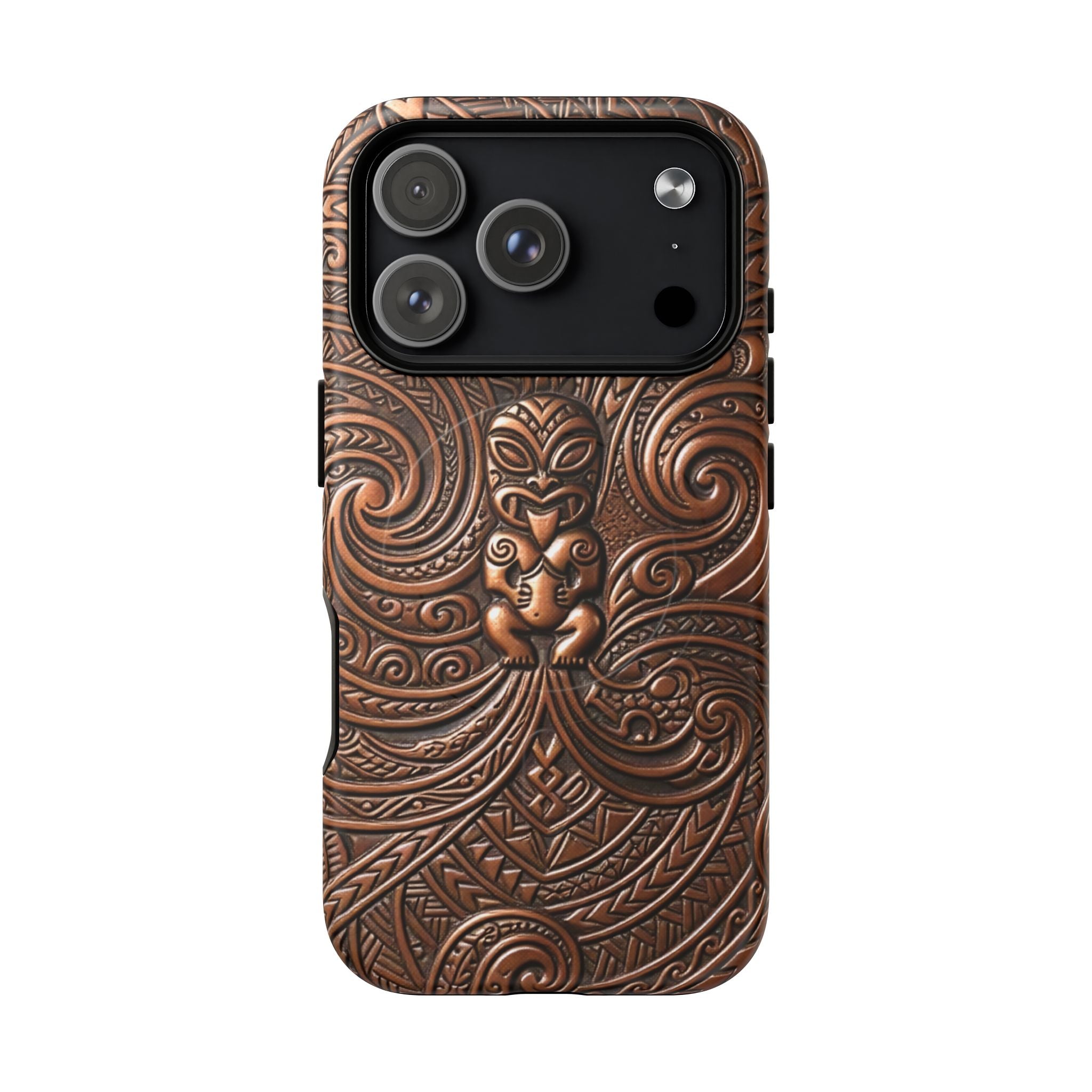 Woman holding Paa Guardian MagSafe iPhone Case - Hawaiian Copper Carved Tiki Polynesian Design - The Local Banyan