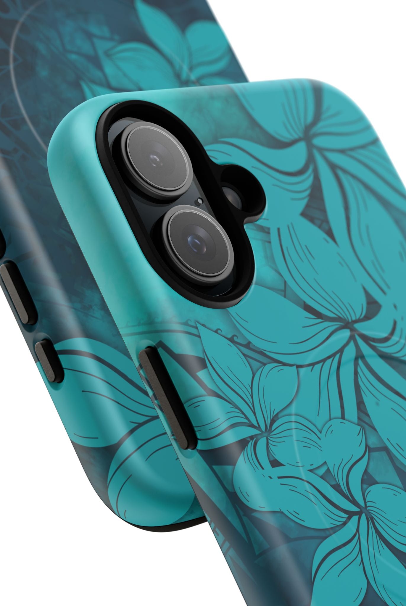 Woman holding Moana Bloom MagSafe iPhone Case - Hawaiian Teal Plumeria Ocean Tribal Design - The Local Banyan