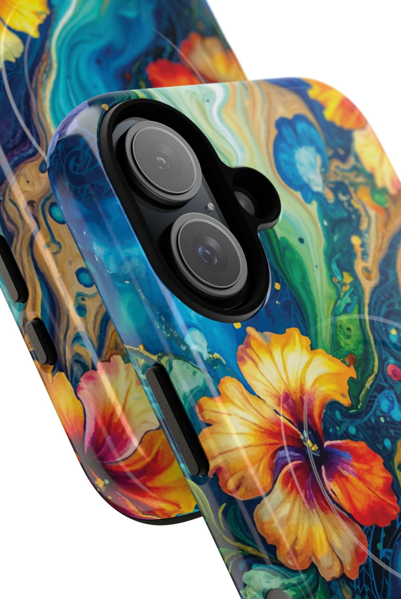 Aloalo Drift MagSafe iPhone Case Detail View - Hawaiian Hibiscus Teal Ocean Wave Design Close Up - The Local Banyan