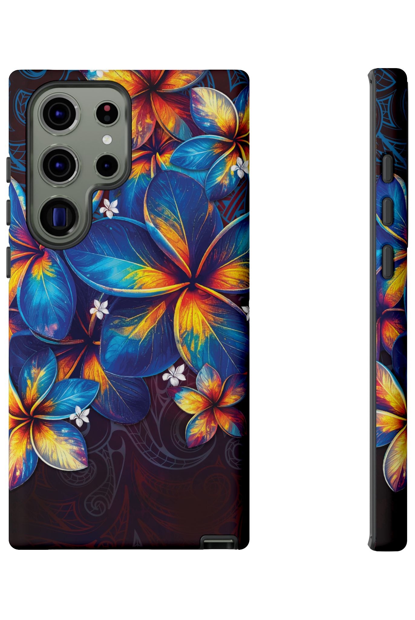 Woman holding Nohea Twilight Tough Samsung Galaxy Case - Hawaiian Blue Orange Plumeria Twilight Design - The Local Banyan