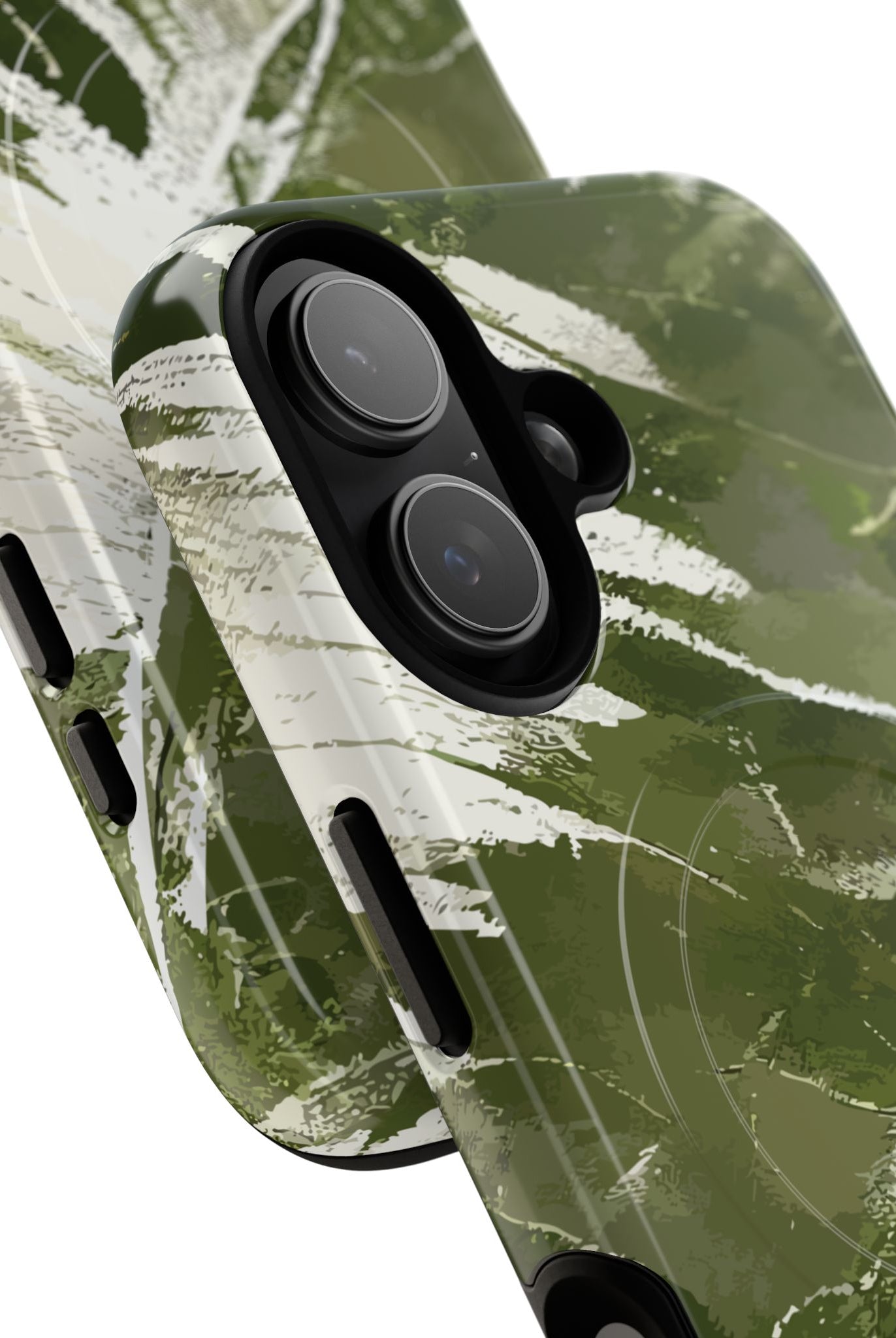 Woman holding Island Breeze MagSafe iPhone Case - Hawaiian Palm Leaf Olive Green Botanical Design - The Local Banyan
