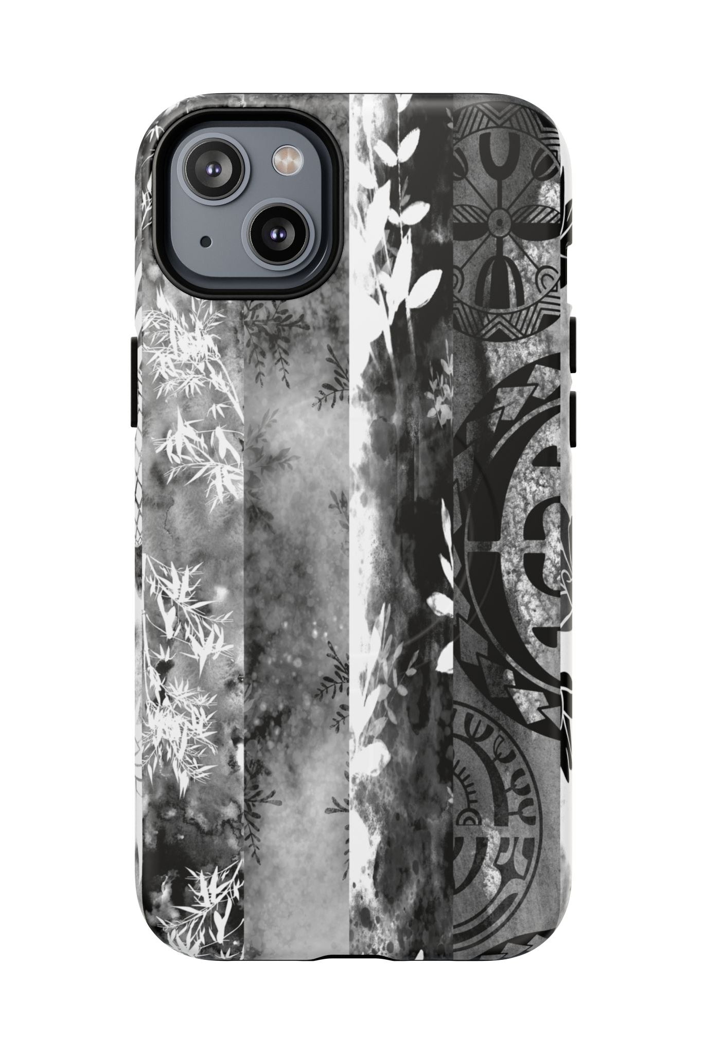 Monochrome Oasis MagSafe iPhone Case iPhone 14 Plus Matte - Hawaiian Black White Botanical Tribal Design - The Local Banyan