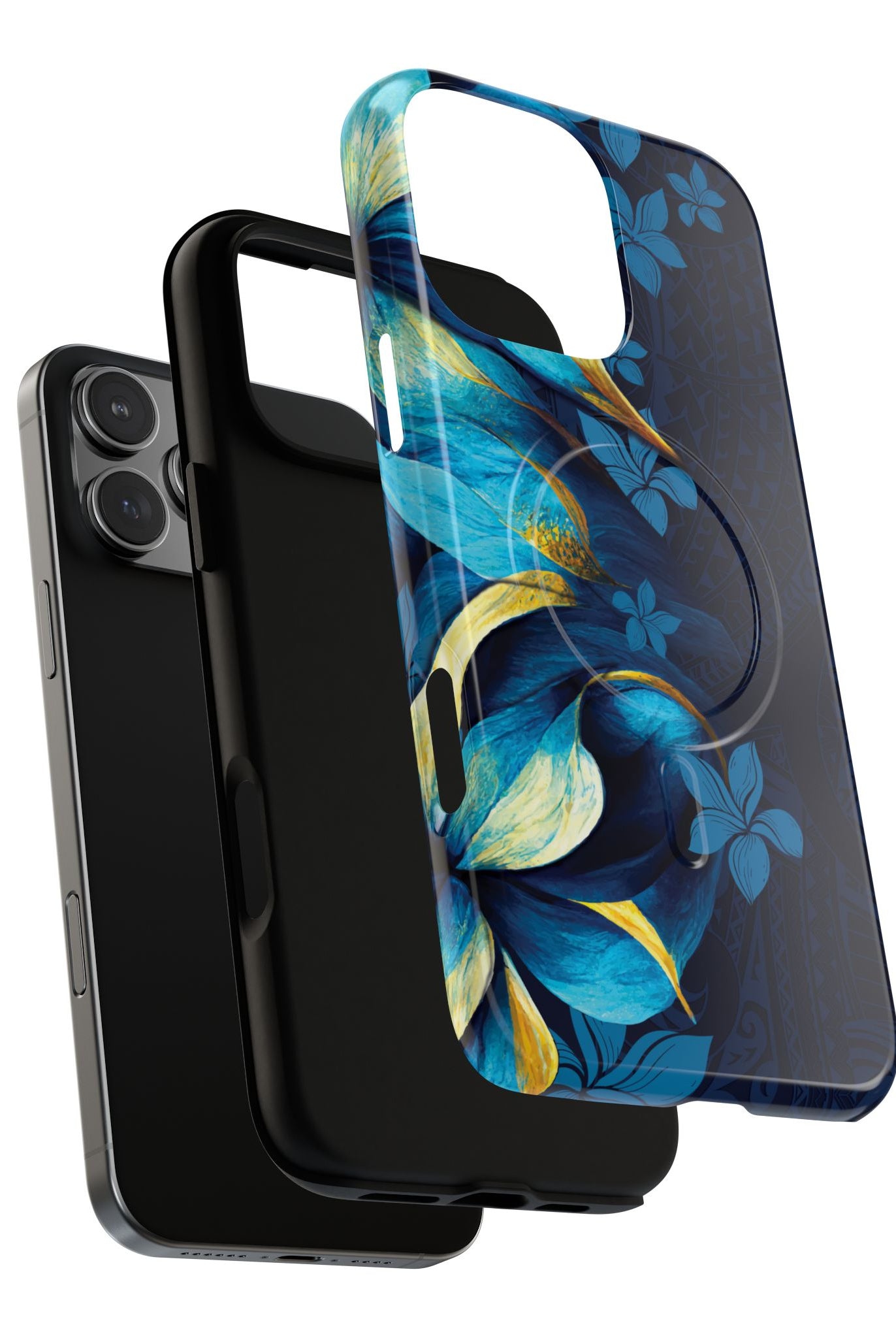 Woman holding Po Mahina MagSafe iPhone Case - Hawaiian Moonlit Teal Gold Floral Design - The Local Banyan