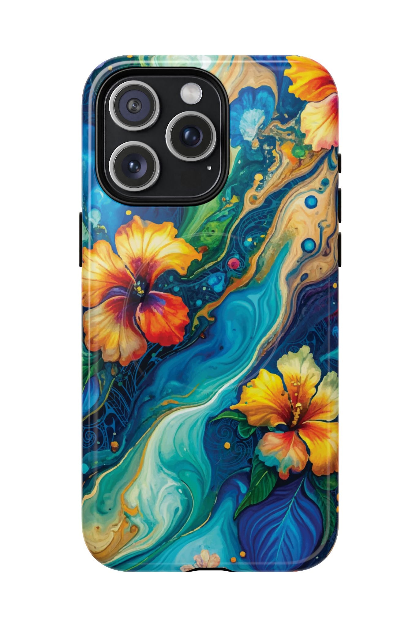 Aloalo Drift MagSafe iPhone Case iPhone 15 Pro Max Glossy - Hawaiian Hibiscus Teal Ocean Wave Design - The Local Banyan