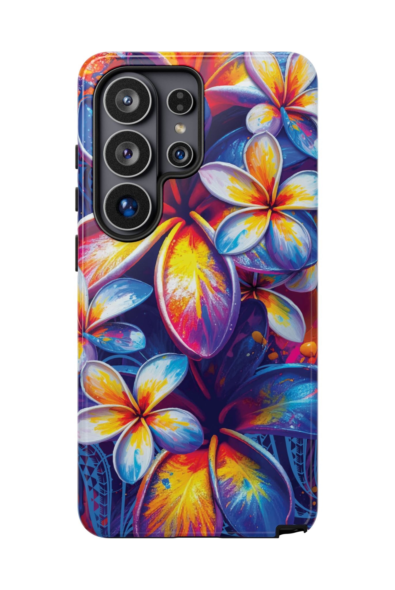 Woman holding Sunset Ink Tough Samsung Galaxy Case - Hawaiian Plumeria Street Art Graffiti Tropical Design - The Local Banyan