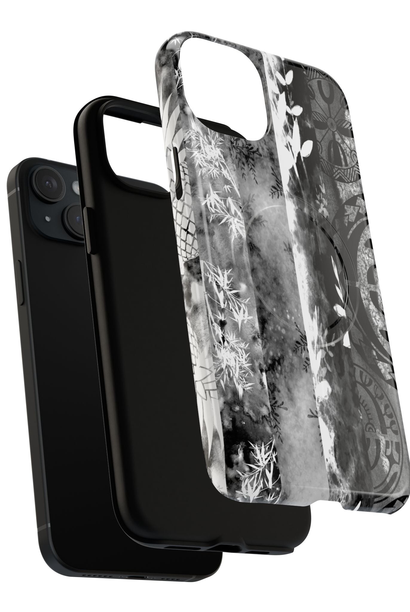 Monochrome Oasis MagSafe iPhone Case Detail View - Hawaiian Black White Botanical Tribal Design Close Up - The Local Banyan