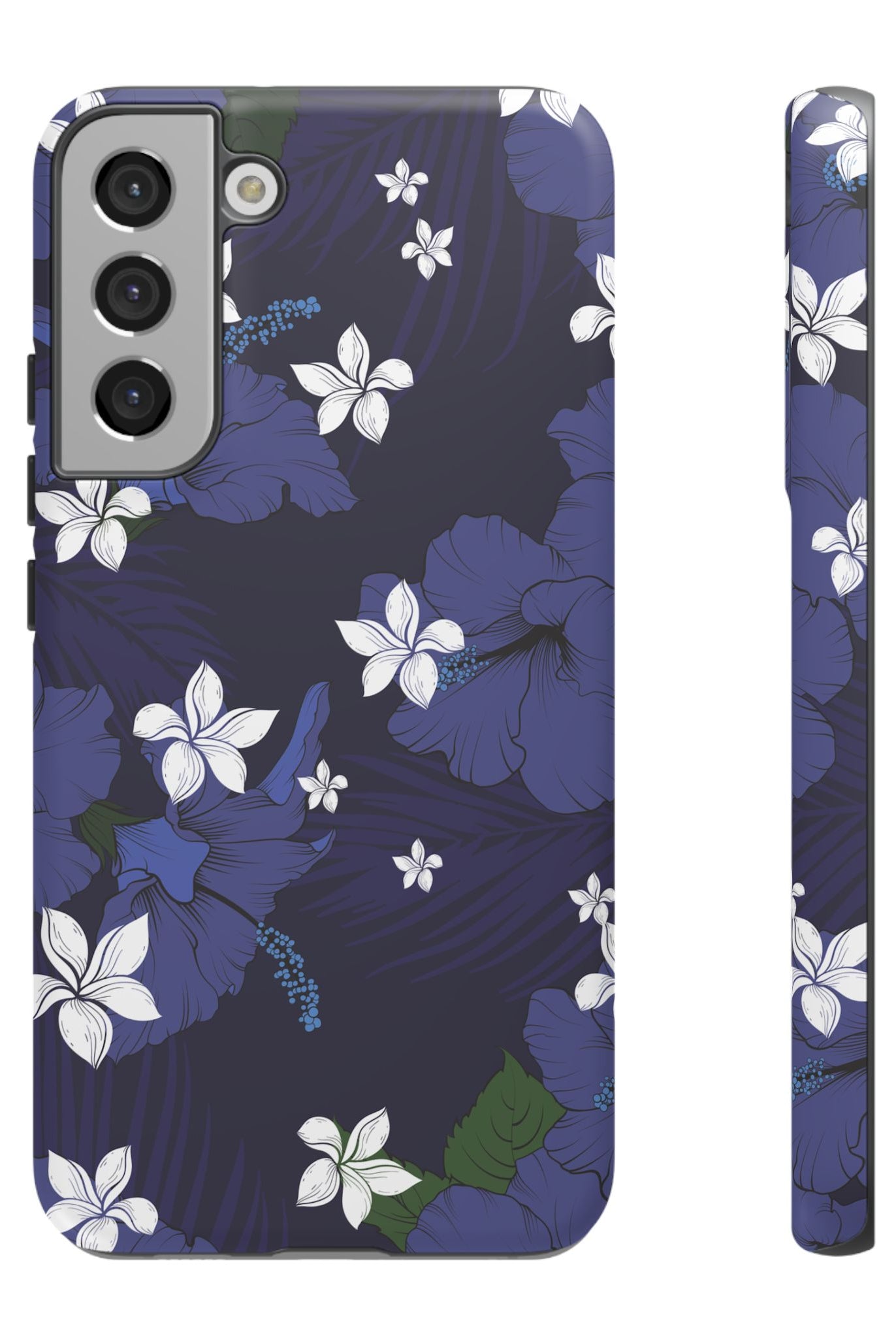 Vintage Blue Tough Samsung Galaxy Case Samsung Galaxy S22 Plus Matte - Hawaiian Indigo Hibiscus White Plumeria Design - The Local Banyan