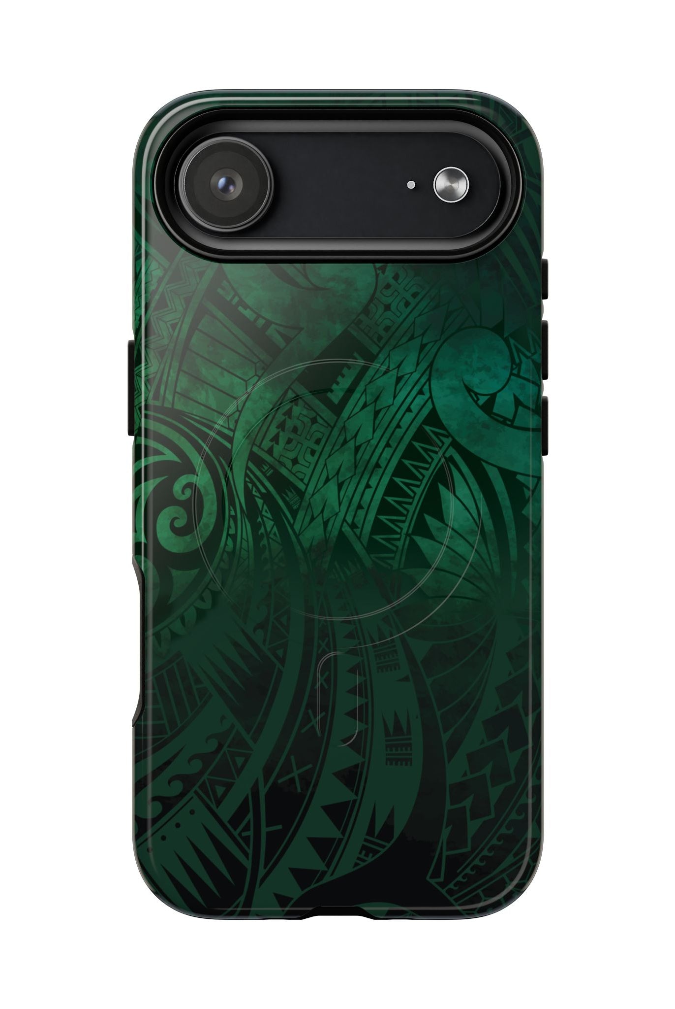 Nahele Spirit MagSafe iPhone Case Detail View - Hawaiian Forest Green Polynesian Tribal Design Close Up - The Local Banyan