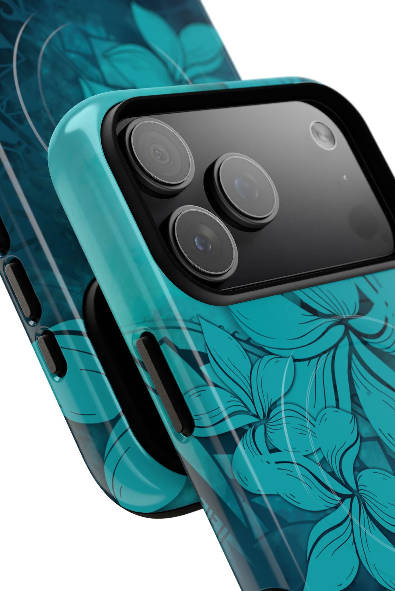 Moana Bloom MagSafe iPhone Case Detail View - Hawaiian Teal Plumeria Ocean Tribal Design Close Up - The Local Banyan
