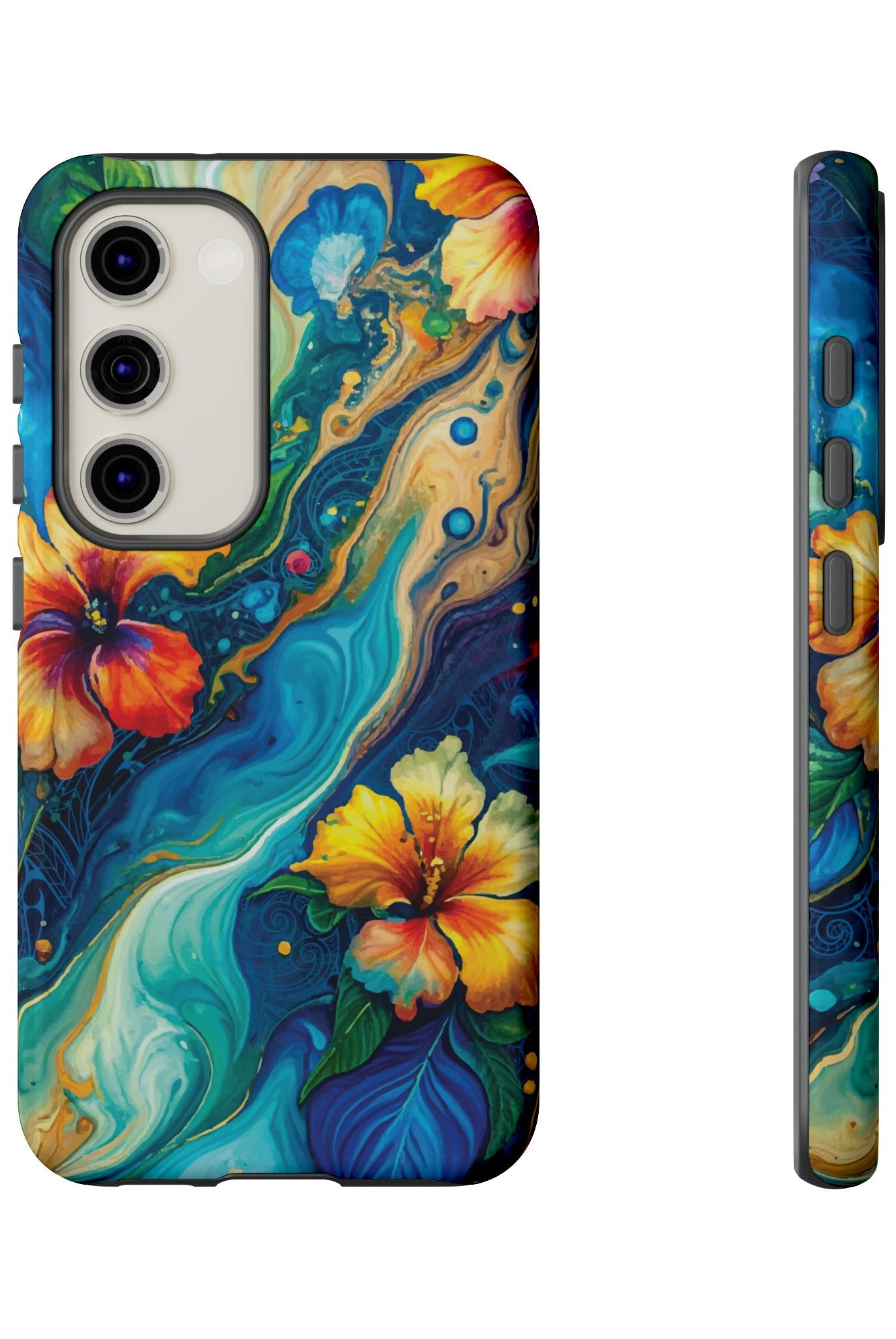 Woman holding Aloalo Drift Tough Samsung Galaxy Case - Hawaiian Hibiscus Teal Ocean Wave Design - The Local Banyan