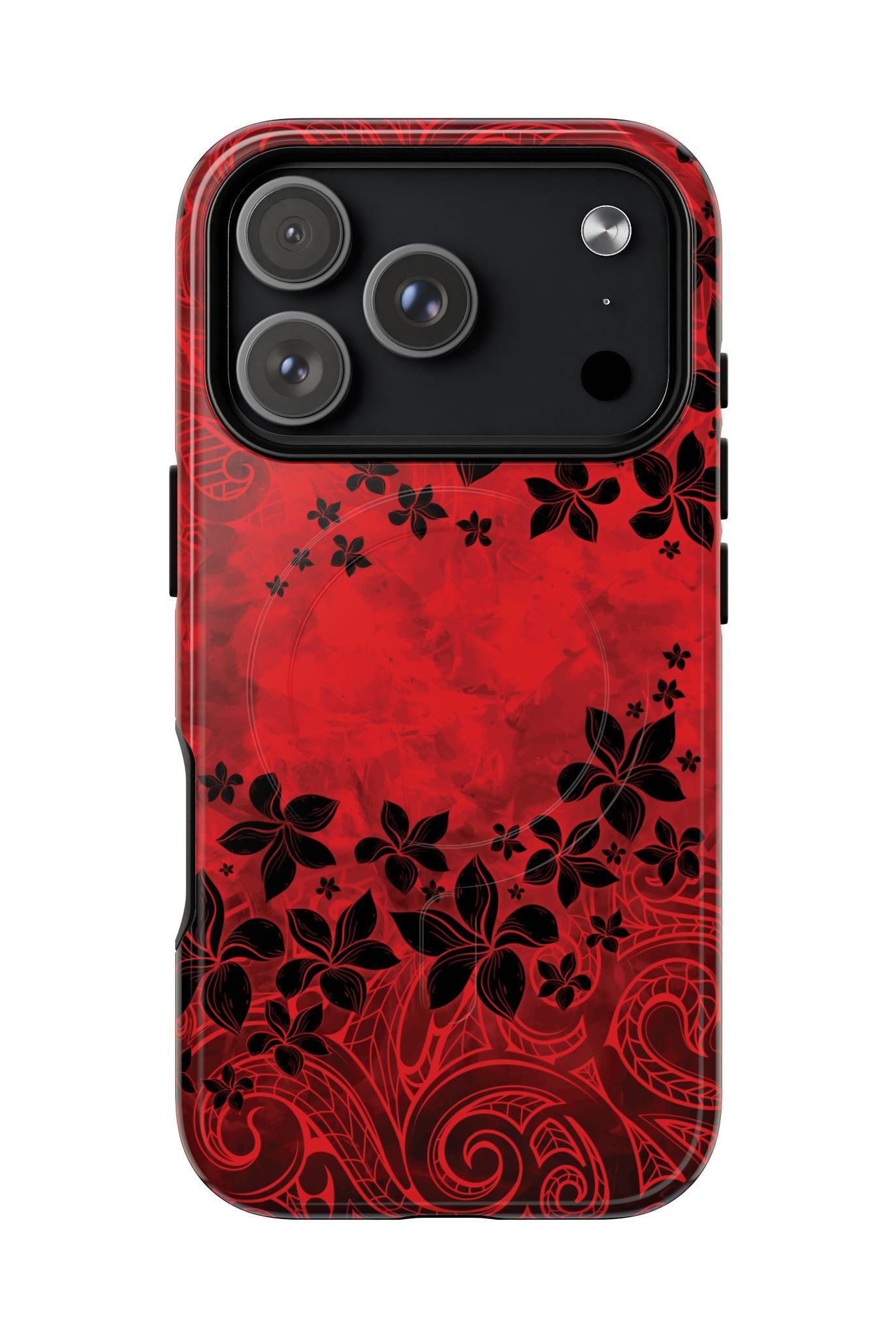 Keahi Pua MagSafe iPhone Case Detail View - Hawaiian Fire Flower Red Tribal Floral Design Close Up - The Local Banyan