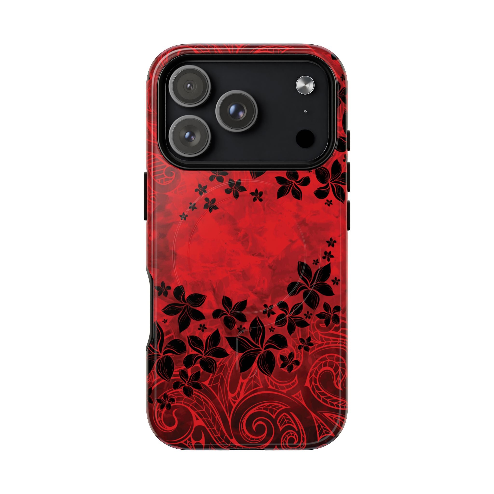 Keahi Pua MagSafe iPhone Case Detail View - Hawaiian Fire Flower Red Tribal Floral Design Close Up - The Local Banyan