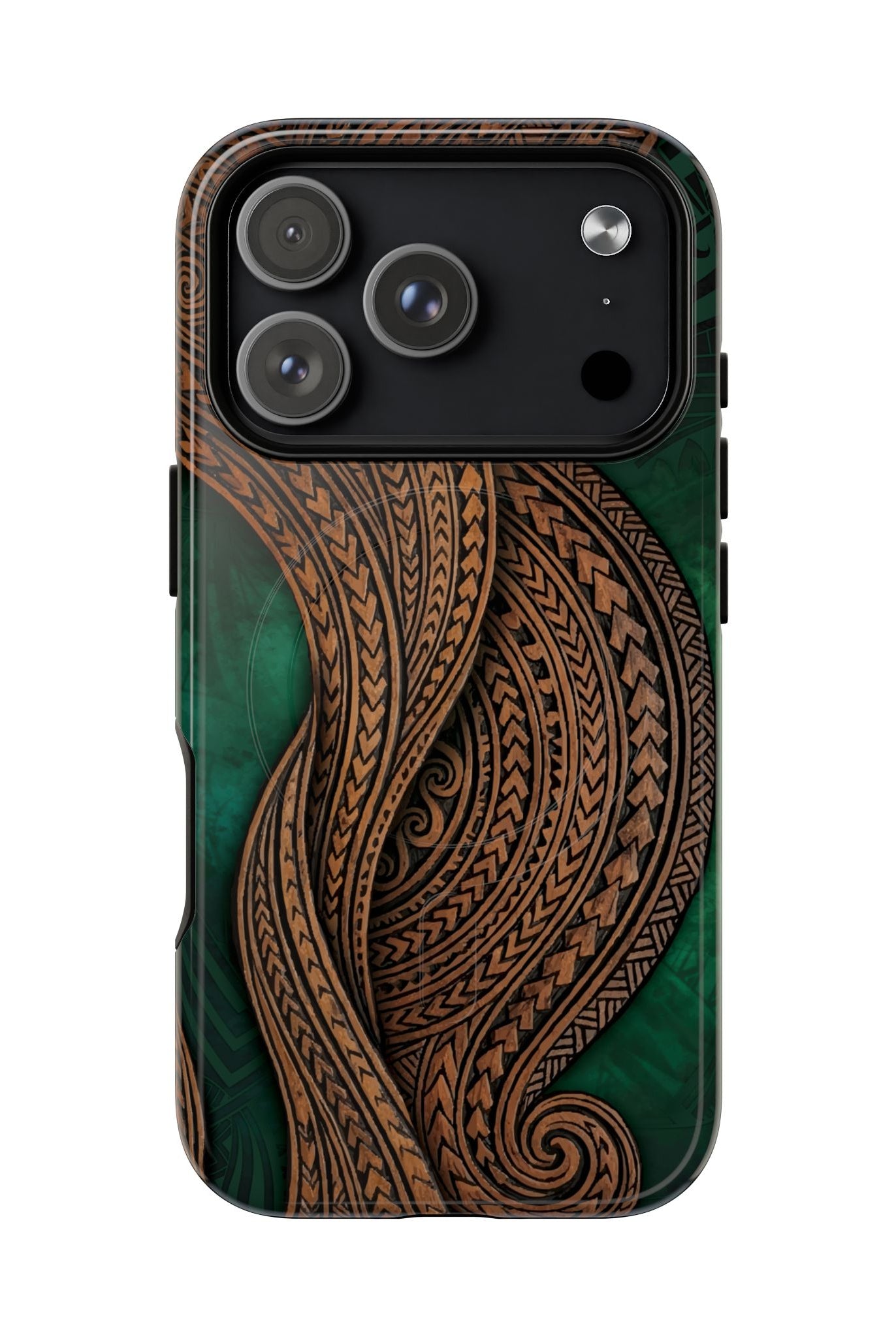 Woman holding Island Kalai MagSafe iPhone Case - Hawaiian Carved Wood Grain Emerald Green Tribal Design - The Local Banyan