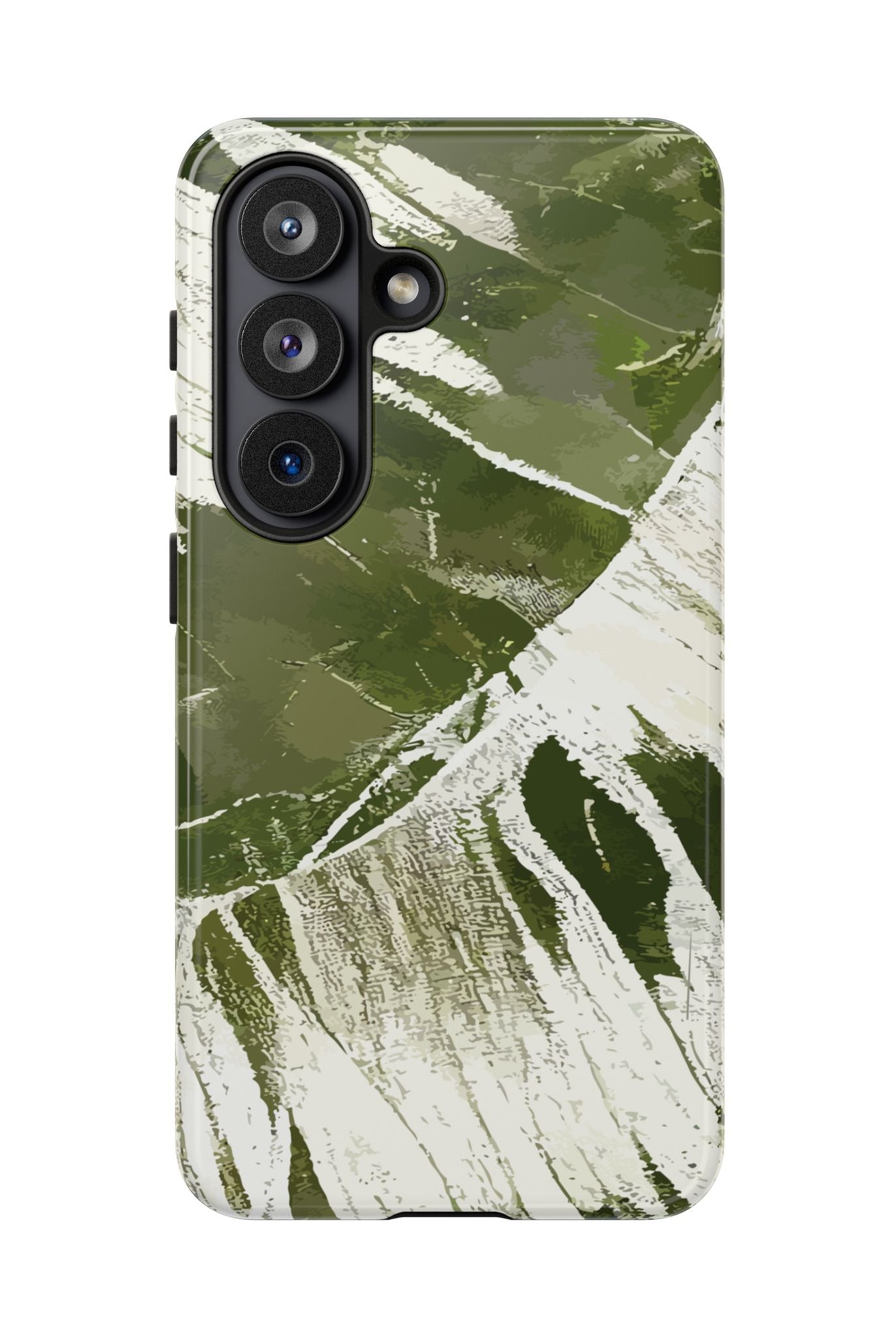 Woman holding Island Breeze Tough Samsung Galaxy Case - Hawaiian Palm Leaf Olive Green Botanical Design - The Local Banyan