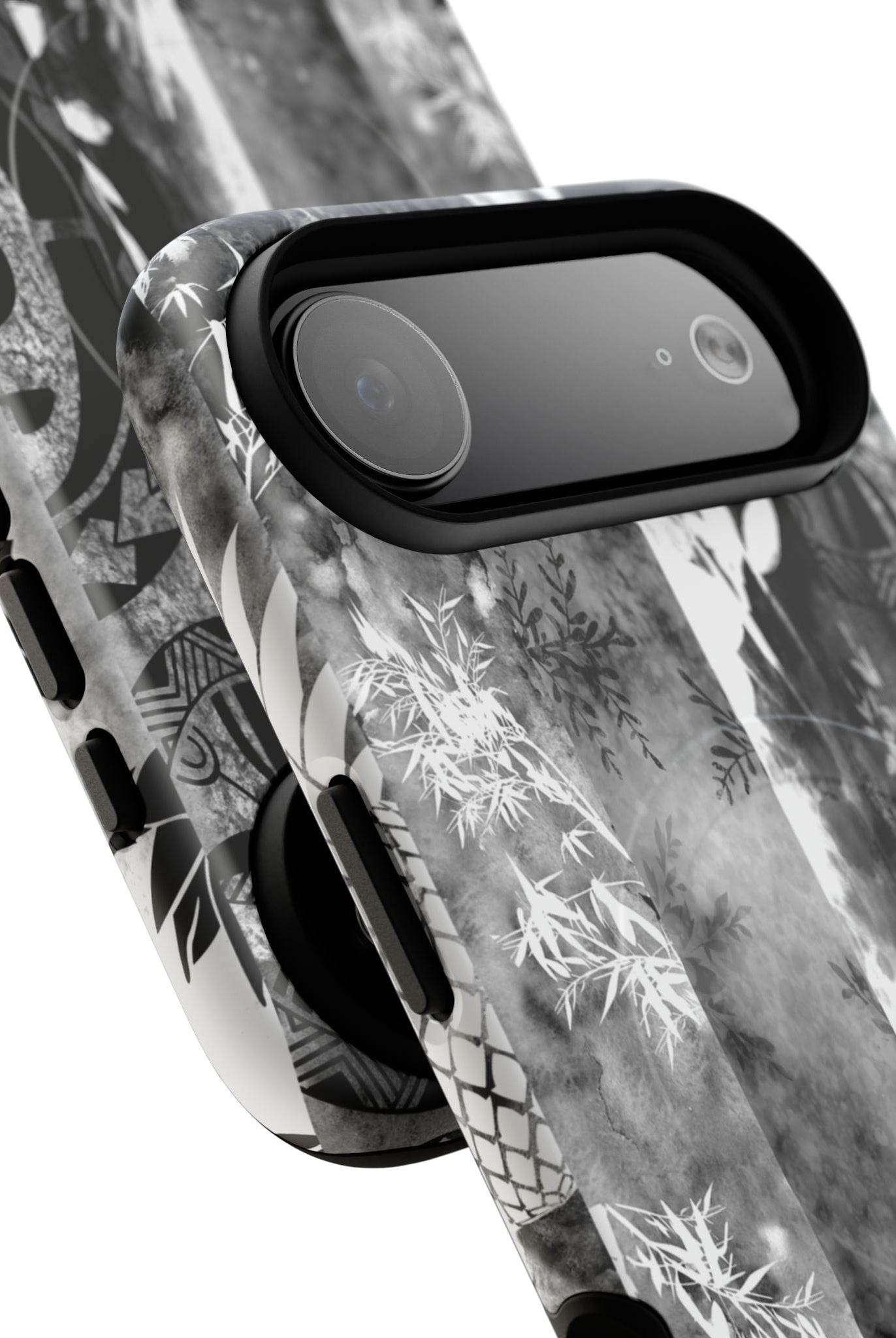 Monochrome Oasis MagSafe iPhone Case Detail View - Hawaiian Black White Botanical Tribal Design Close Up - The Local Banyan