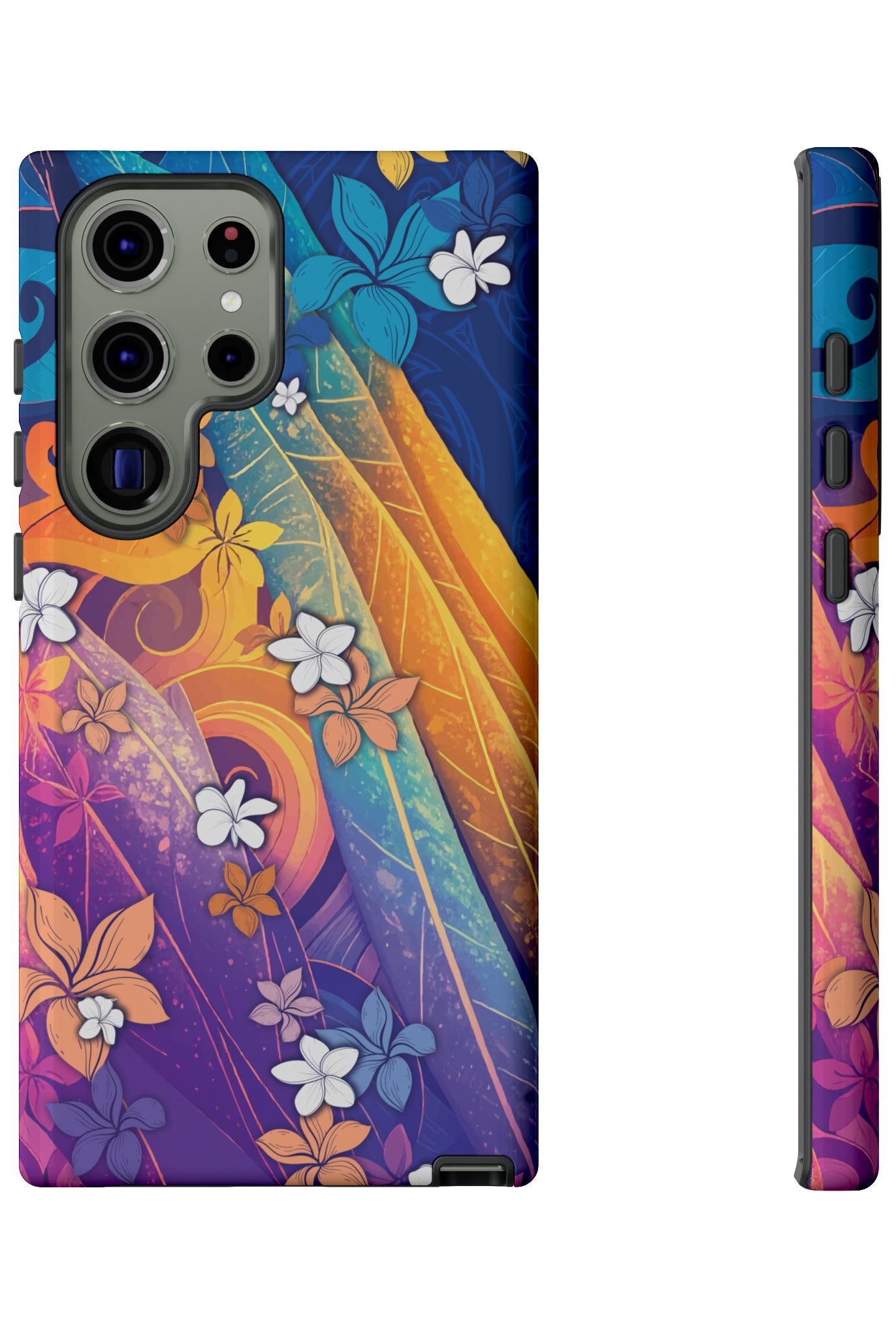 Woman holding Mauna Sunrise Tough Samsung Galaxy Case - Hawaiian Colorful Sunrise Plumeria Design - The Local Banyan