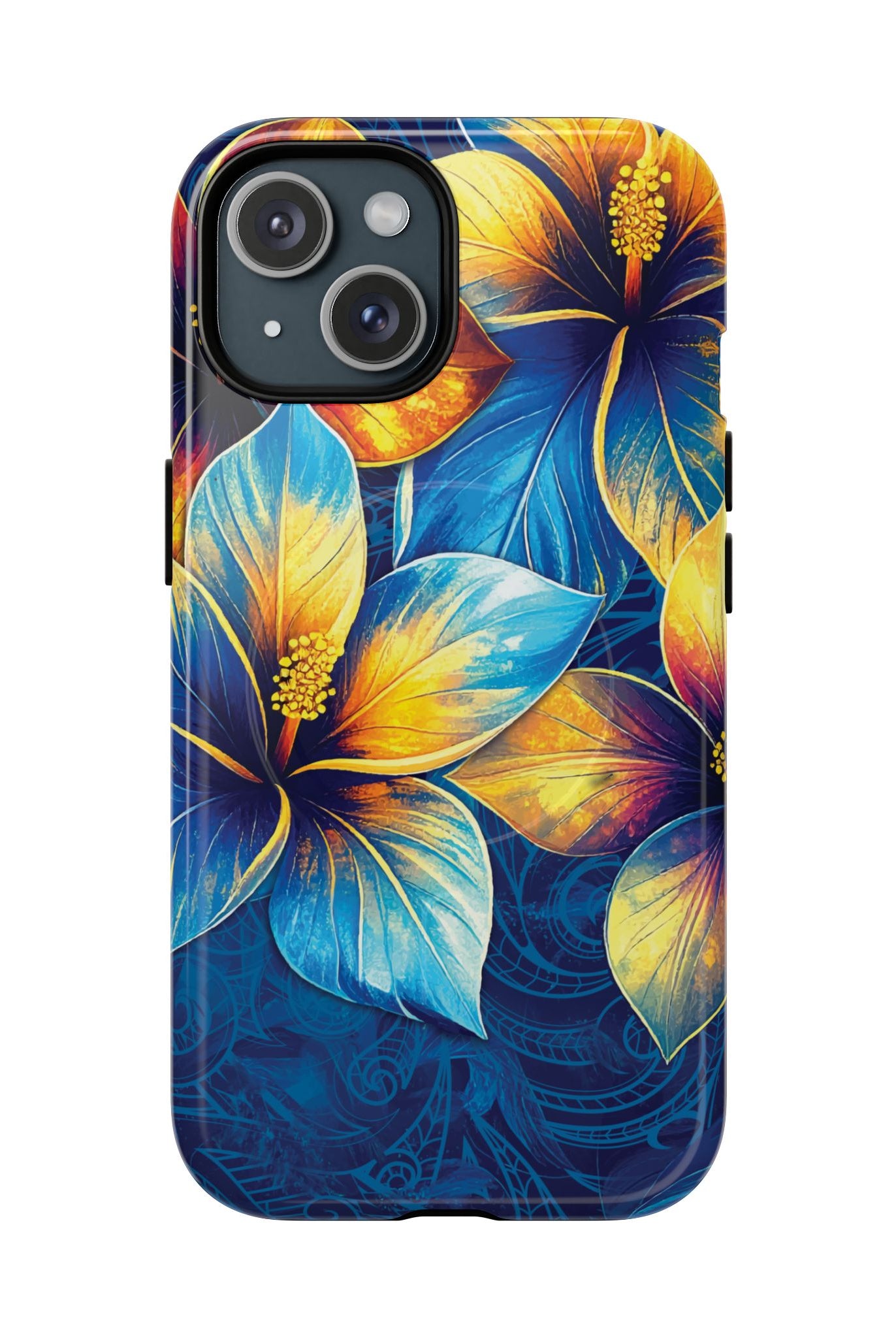 Pua La MagSafe iPhone Case iPhone 15 Glossy - Hawaiian Golden Hibiscus Sun Flower Sapphire Design - The Local Banyan